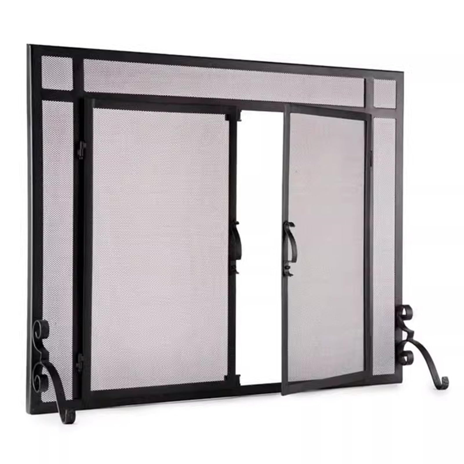 Salvachispas Chimenea Mampara de Chimenea Negra con Puertas y Tiradores, Puerta Cortafuegos Segura de 103 x 80cm, Panel de Protección Interior y Exterior para Chimenea, Barrera Cortafuegos de Metal