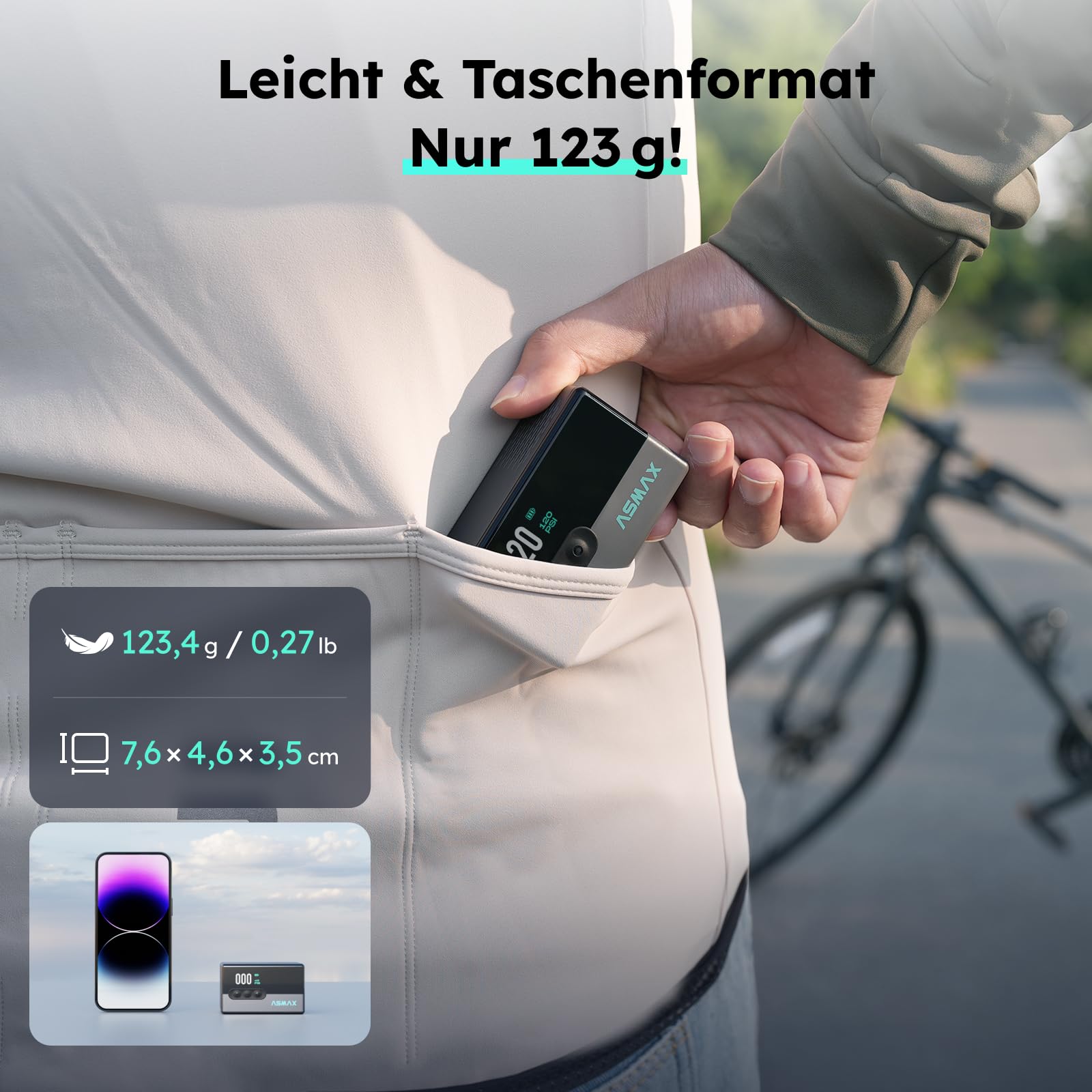 ASMAX Elektrische Mini Fahrradpumpe T30, 120 PSI Tragbarer Luftpumpe mit LCD-Display, Wiederaufladbar 500mAh, 4-in-1 Fahrradpumpe mit LED-Licht & Reifendruckmesser für Farrad/Rennrad/MTB/Bälle