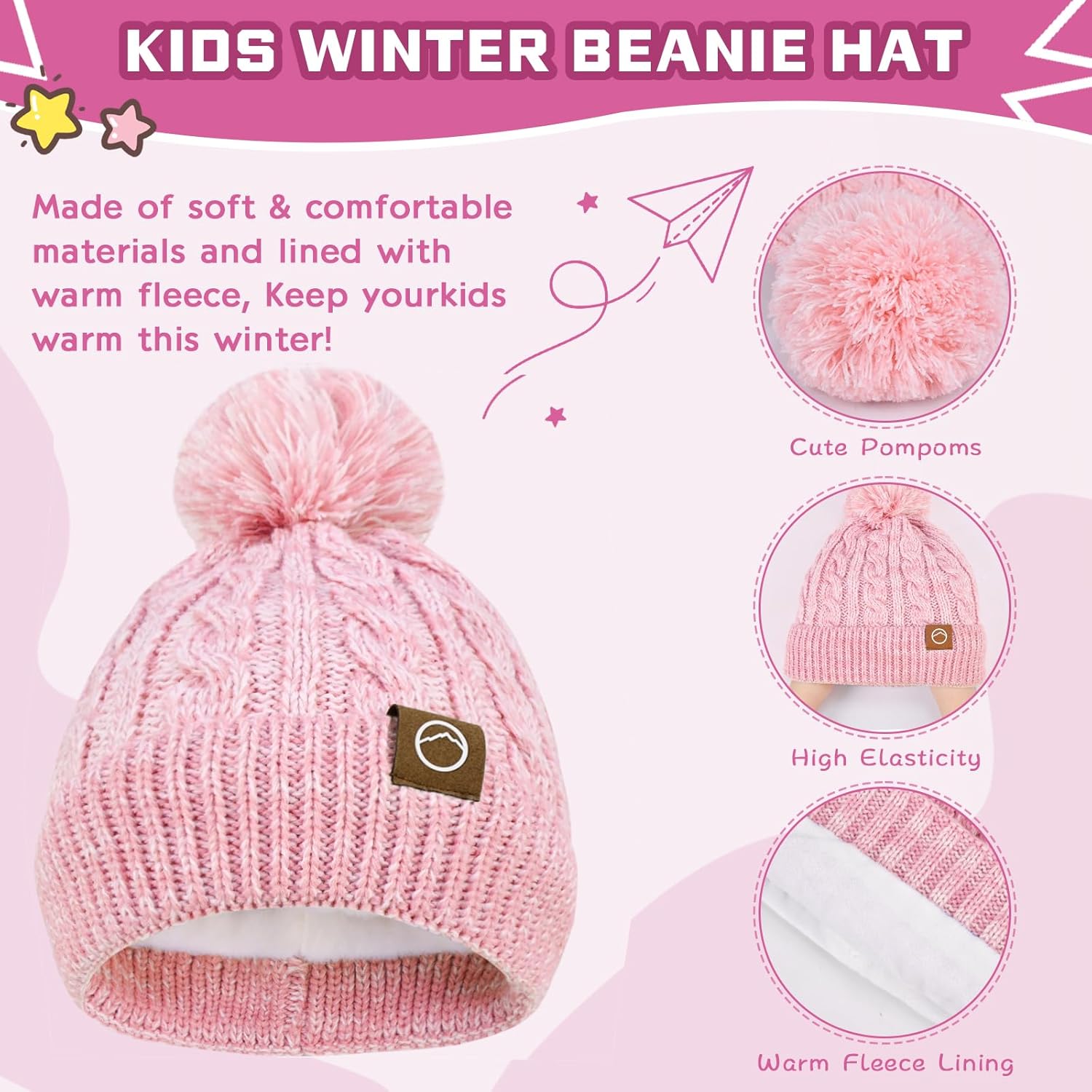 ZOORON Kids Winter Hat Gloves Scarf Set, Girls Boys Hats Beanie with Pom Children Knit Neck Warmer Mittens Fleece Lined Set - Image 2