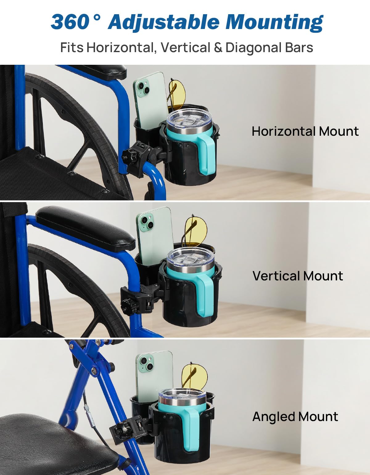 JOYTUTUS Portabicchieri per passeggino, portabicchieri per bottiglia con manico, portabottiglie multifunzione 2 in 1 + grande scatola portaoggetti, adatto per bici, deambulatore, sedia a rotelle