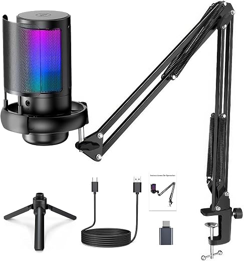 Microfone USB Gaming PC, Microfone RGB para PC/Notebook, Mic with Boom Arm, Microphone Condensador de mesa/Braço, Live, Podcast, Gravação de Audio, Karaoke, Gamer Youtuber DJ.