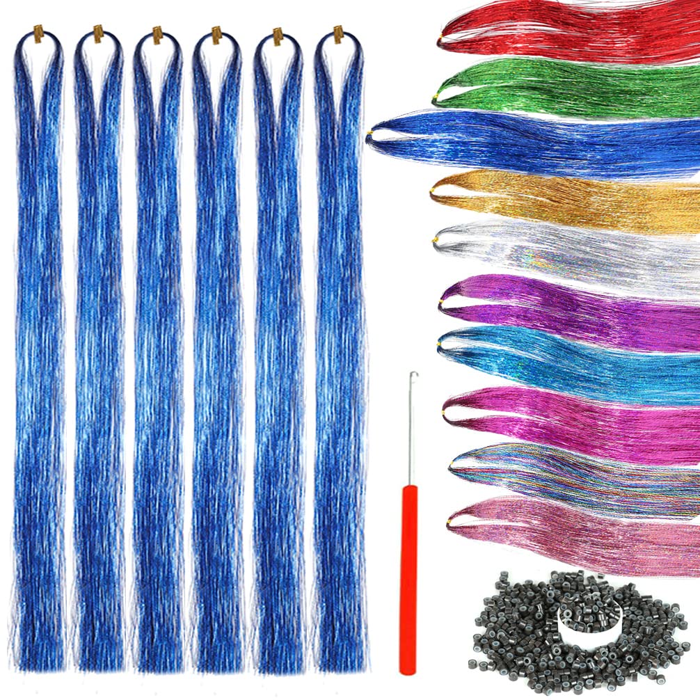 Blue Tinsel Hair Extensions with Tools 6 Packs 1380