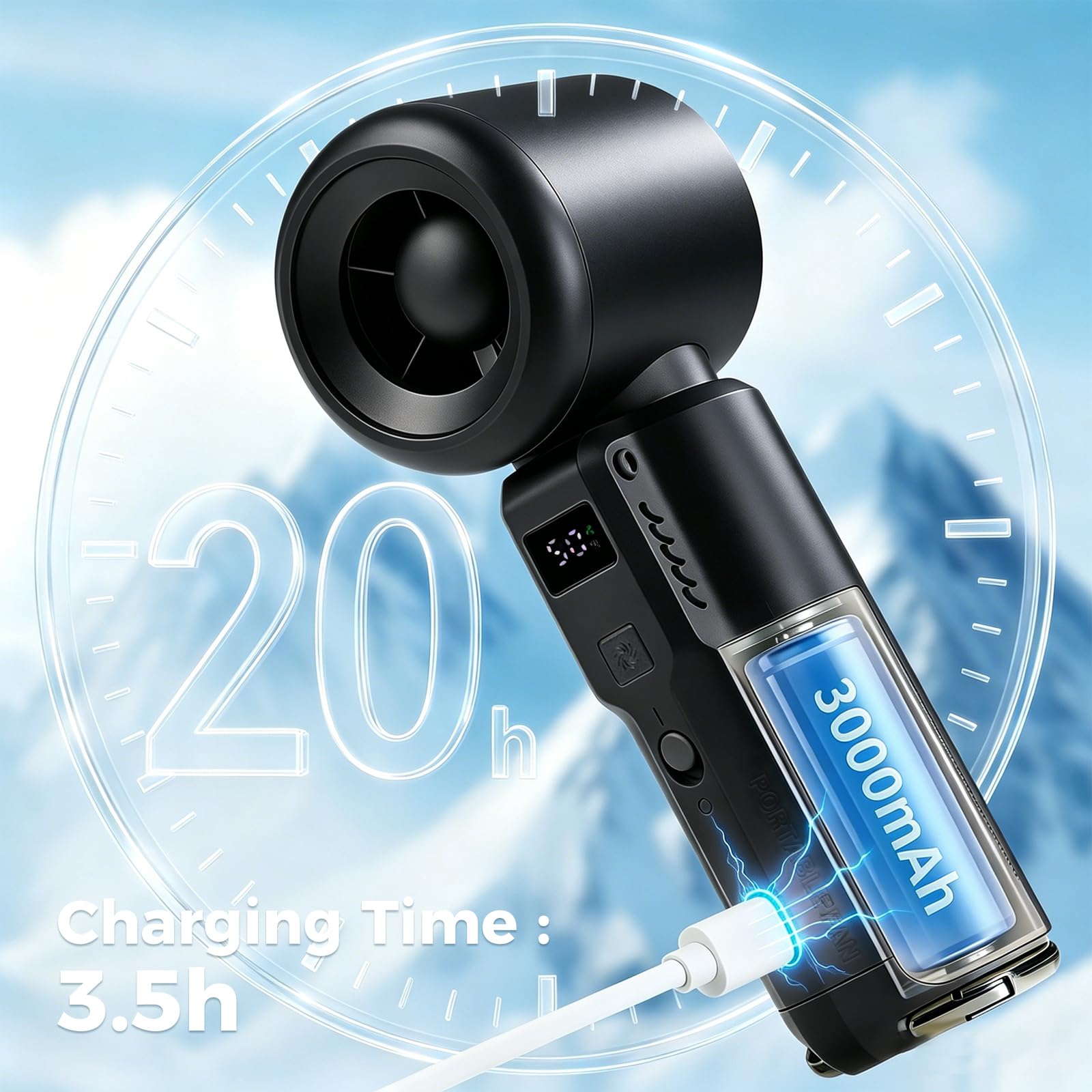 Gemmac Ręczny mini wentylator, przenośny ręczny wentylator turbo zasilany baterią z wyświetlaczem LED 5 prędkości wiatru 3000 mAh akumulatory USB konstrukcja kieszonkowa do podróży na świeżym