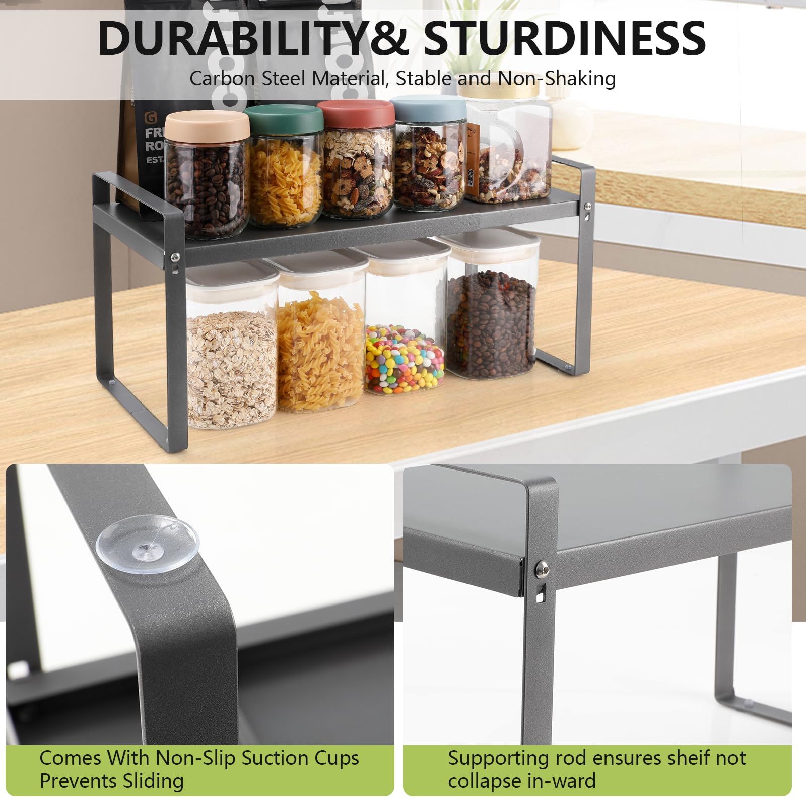Cozary Scaffale da Cucina Espandibile (37∼63cm), Mensole da Cucina per Stoviglie, Metallo Scaffale Cucina, per Utensili, Snack o Libri, Più Spazio di Appoggio, per Cucina, Banconi, Dispensa, Grigio