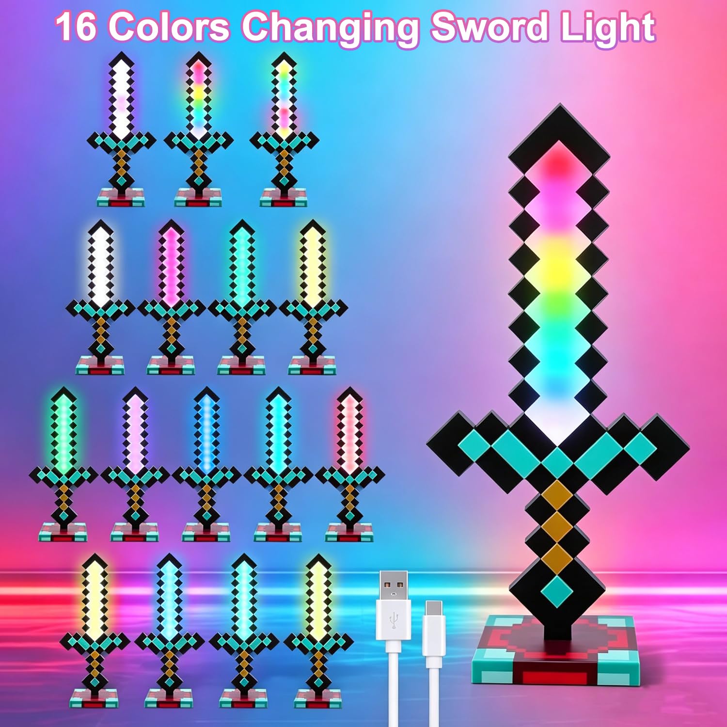 Pixel Diamantschwert Nachtlicht – LED Schwert Nachtlampe mit 16 Farben – Per USB aufladbare LED-Nachtlampe – Dekorationslampe für Kinderzimmer & Schreibtisch – Geschenk für Kinder & Gaming-Zimmer-Deko