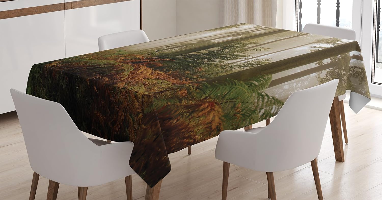 Ambesonne Forest Tablecloth, Mystic Dark Fog Atmosphere Deep in The Forest Woodland Nobody Silence Image, Rectangular Table Cover for Dining Room Kitchen Decor, 60" X 84", Orange Brown 60" X 84" Orange Brown