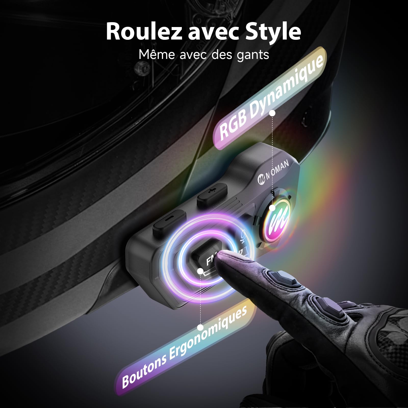 Moman Écouteurs Casque Moto-1000mAh Batterie, RS-H4P Kit Main Libre Moto avec HiFi Haut Parleur Micro Soft/Hard Double Réduction du Bruit RGB/Radio FM/AI Commande Vocale Étanche IPX6