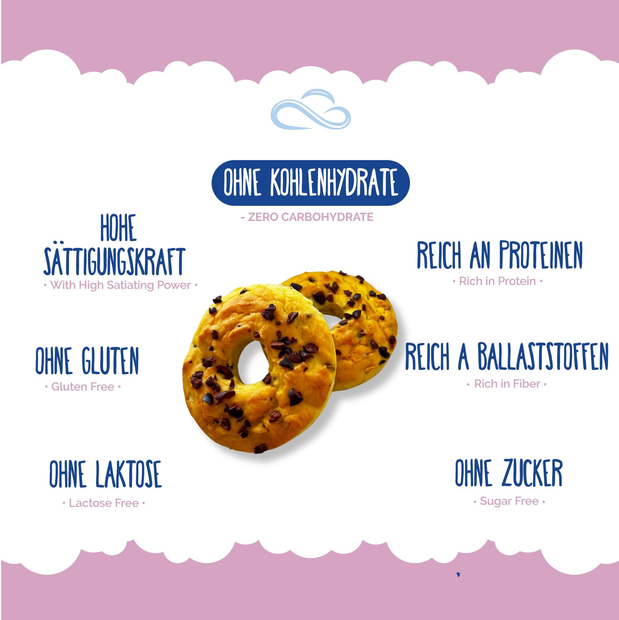 Nuvola Zero - Ciambella Zero, Proteinarme Snacks ohne Zucker, Gluten- und Laktosefrei, ohne Kohlenhydrate, mit Schokolade Stückchen,12er Packung. Made in Italy.