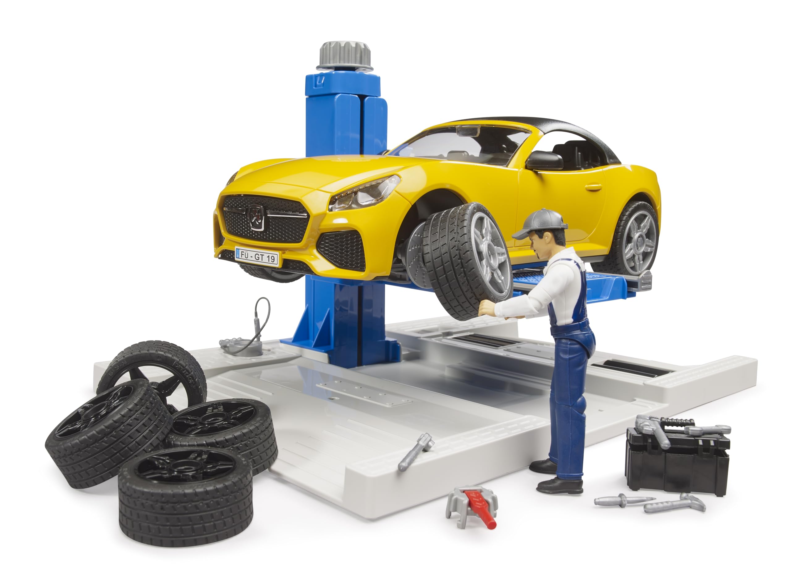 bruder 62112 - bworld centro de servicio de turismos con roadster | Set de taller con coche de juguete y mecánico, figura de juguete bworld, juguetes para niños a partir de 4 años, 1:16