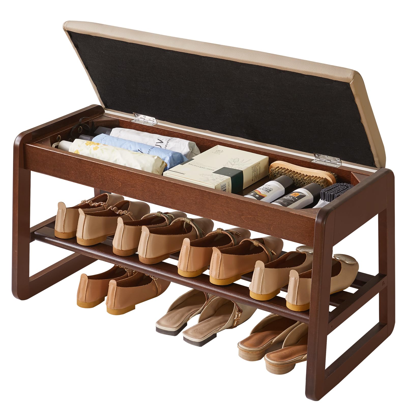 Aibiju YD-WD061B stojak na buty z poduszką, 2-poziomowa drewniana ławka na buty z klapką do przechowywania, 80 cm, stojak na buty do przedpokoju, kolor orzecha włoskiego