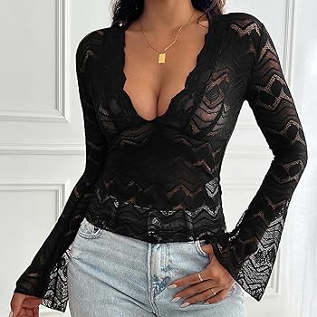 Y2k Women Lace Long Sleeve Top Sexy V Neck Low Cut Blouses