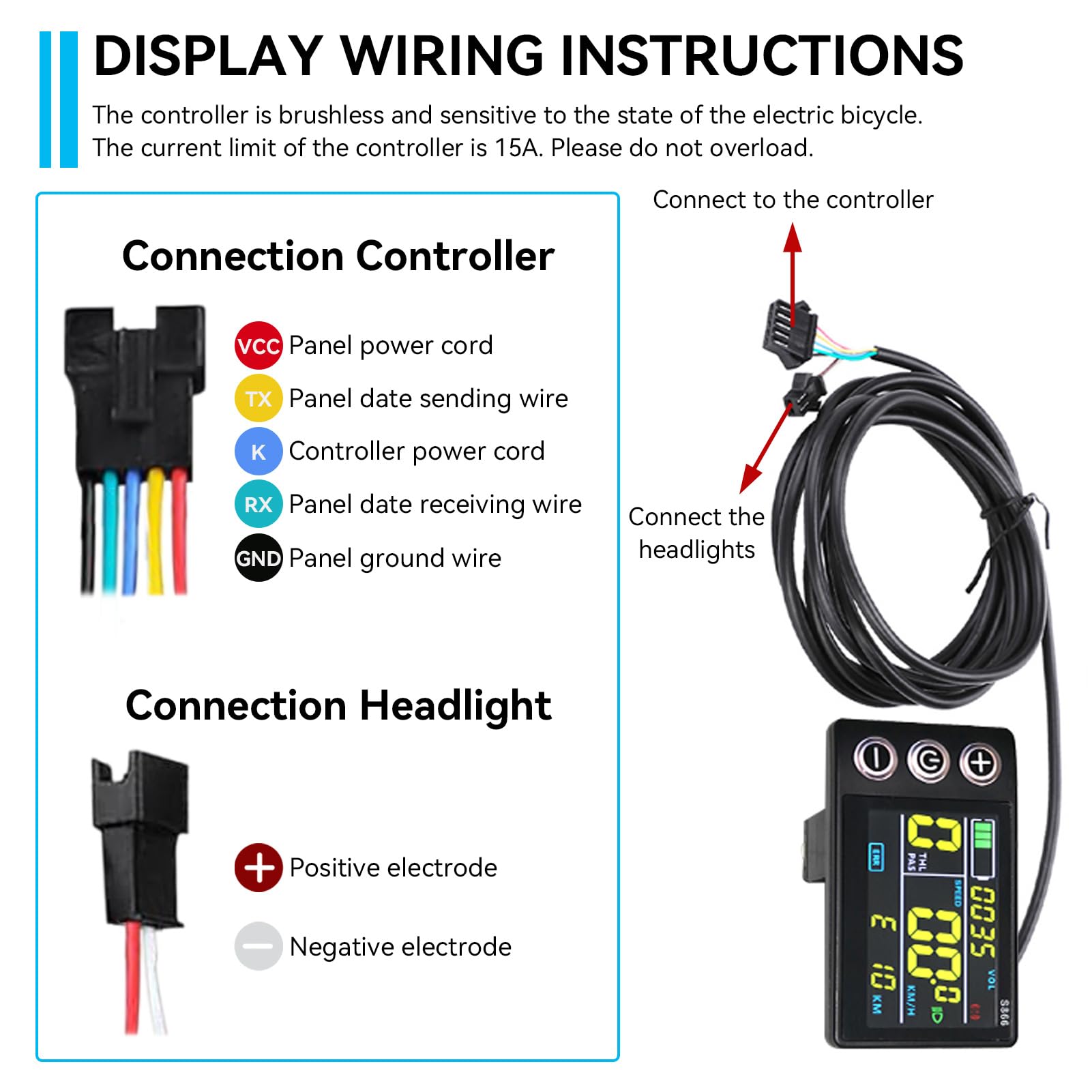Electric Bicycle LCD Display Meter 250W/350W, 36V?48V 15A Ebike Controller Waterproof LCD Display Panel Brushless Controller Kit for Electric Bicycle Scooter Mountain Bike Modification