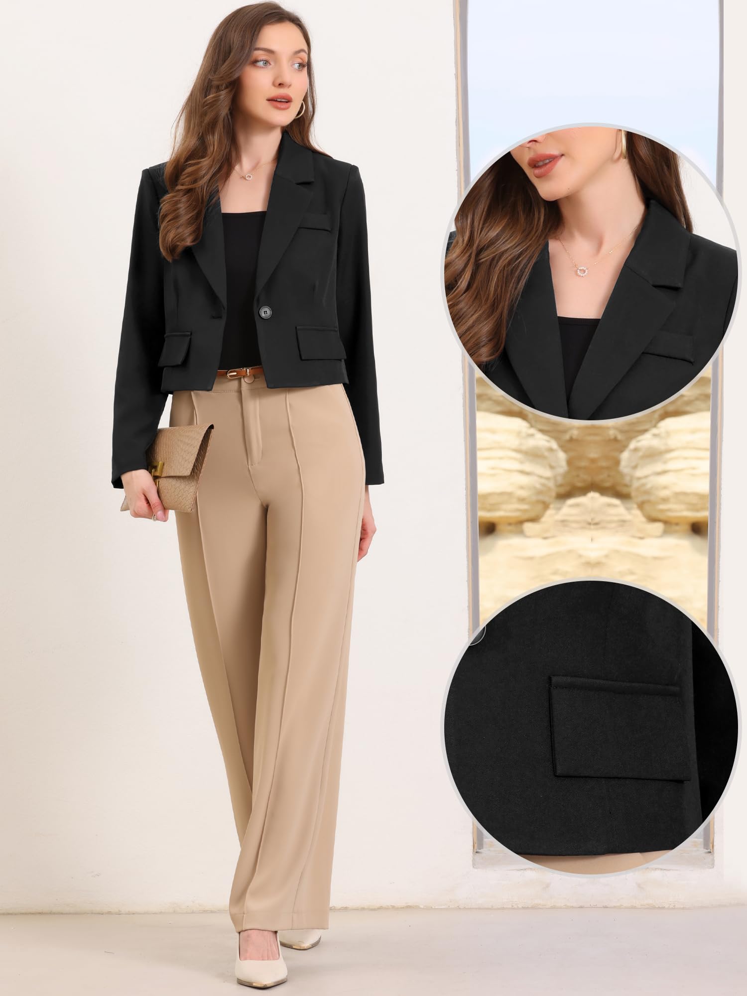 Allegra K Blazer Court pour Femme Col à Revers Veste de Costume à Manches Longues pour Travail Et Bureau