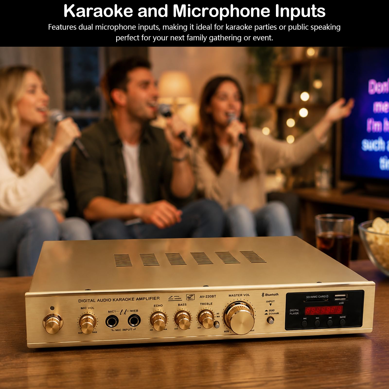 Amplificador Audio, Hi-Fi Estéreo 600W Inalambrico Entrada de Microfono | Pantalla LCD Salida del Altavoz del Subwoofer RCA Reproducción SD USB Radio FM Cine en Casa para el Hogar Karaoke