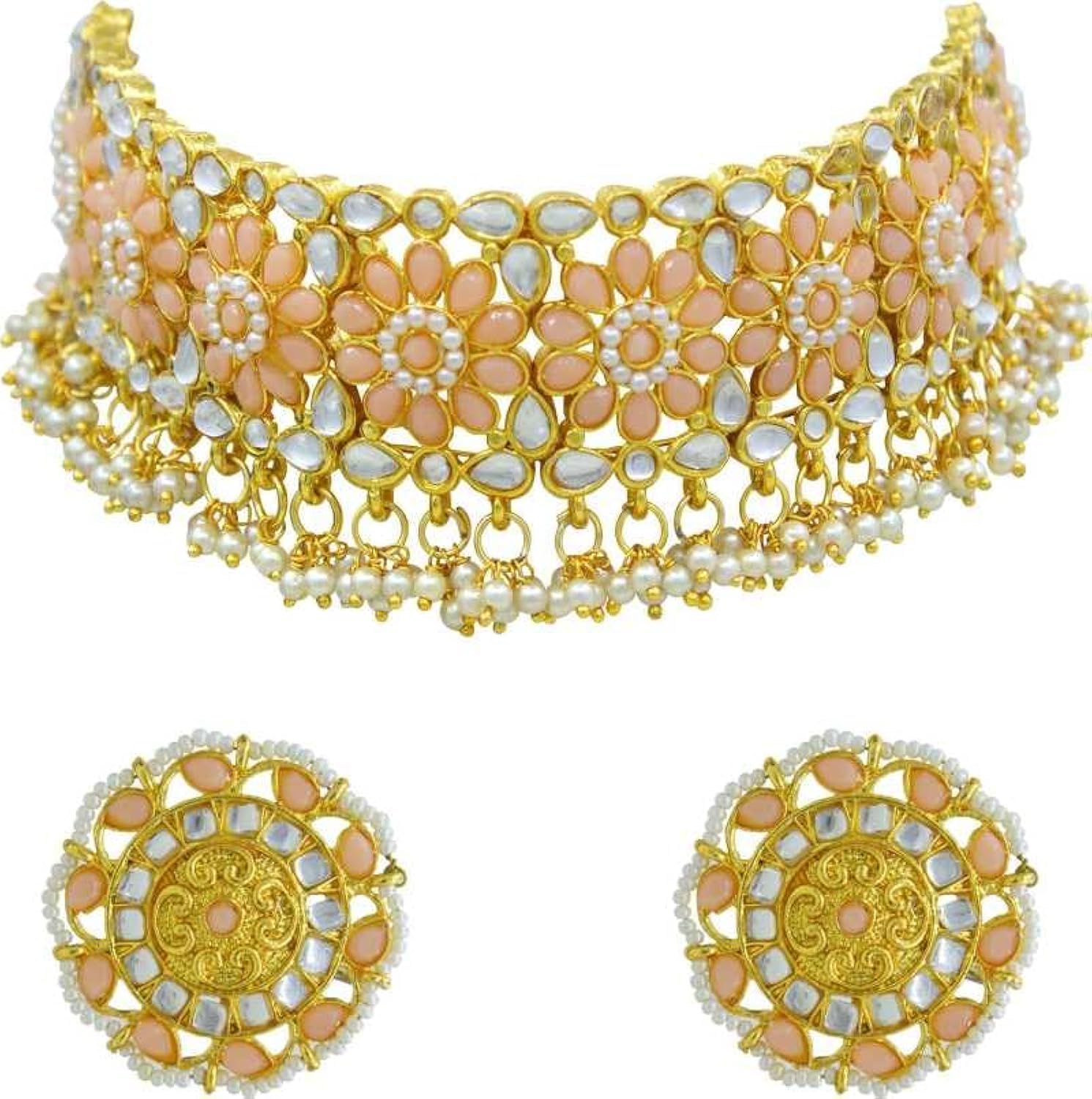 SAIYONI Gold Plated Floral Traditional Design Kundan Stone & Pearl Work Choker Necklace With Earring Jewellery Set For Womens (B08Q49QGQJ) Amazon Price History, Amazon Price Tracker