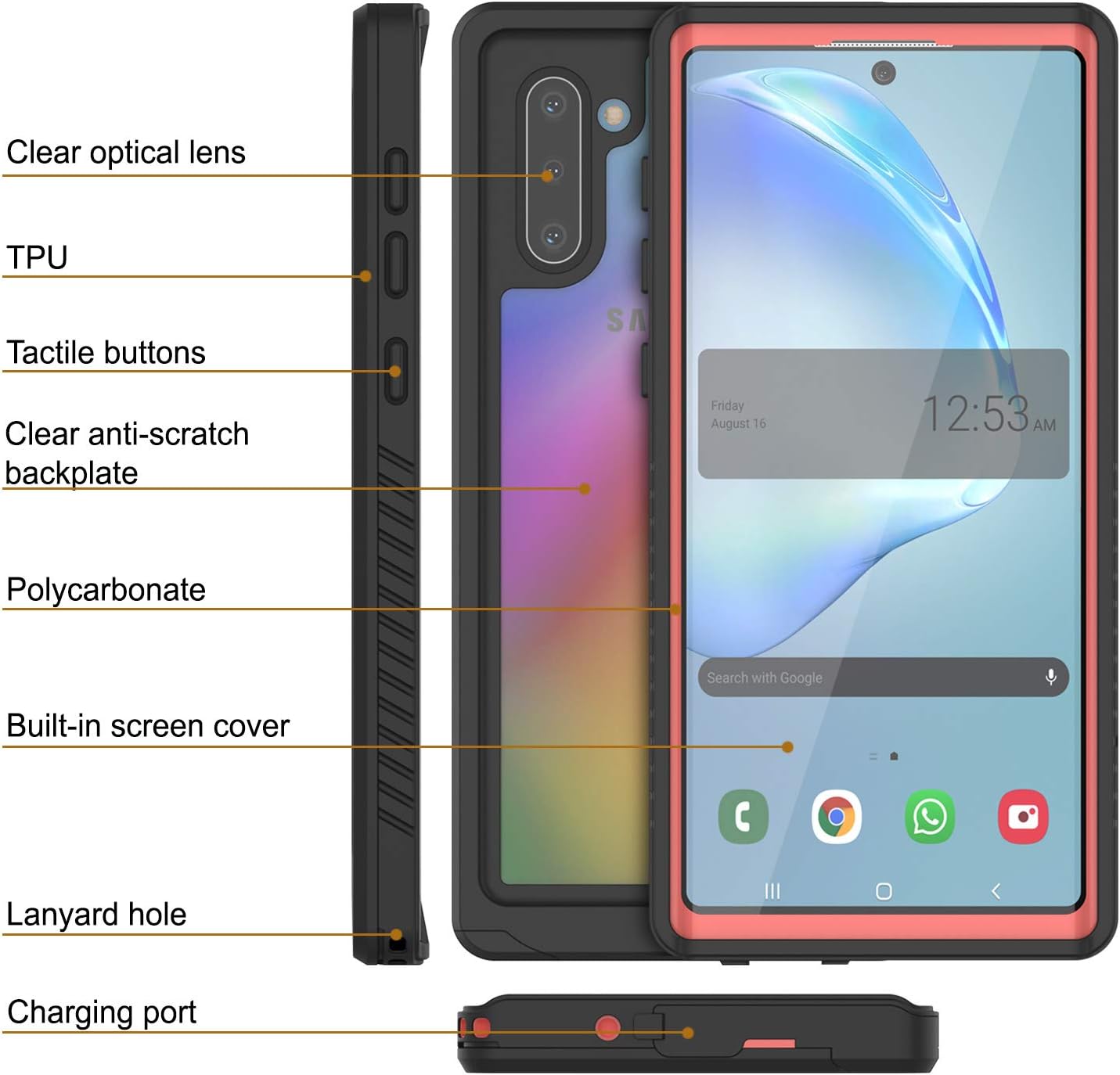 Punkcase Note 10 Waterproof Case [Extreme Series] [Slim Fit] [IP68 Certified] [Shockproof] [Dirtproof] [Snowproof] Armor Cover Compatible W/Samsung Galaxy Note 10 [Pink]