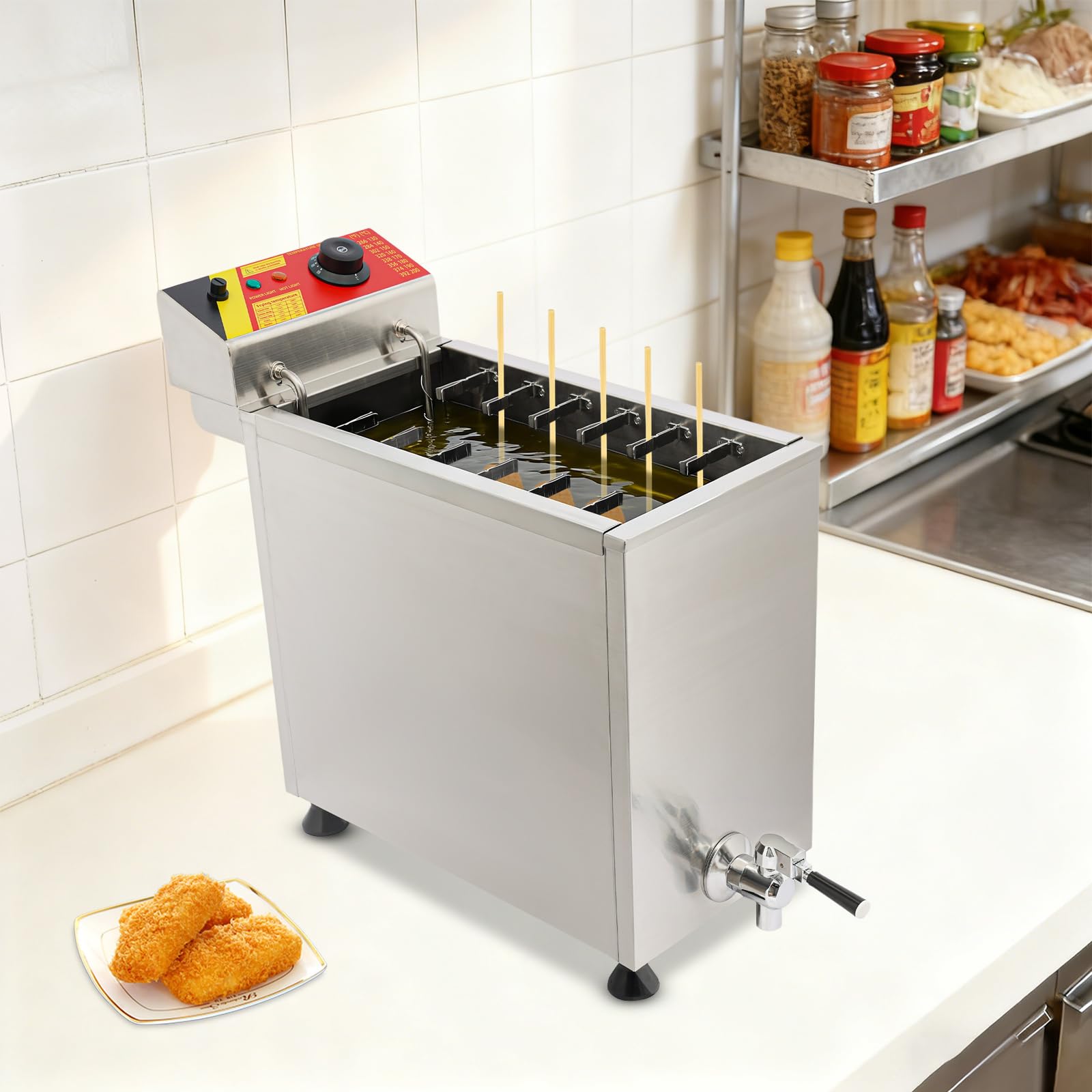 Professionelle Edelstahl-Fritteuse 3000W, mit Ablasshahn, 12-Haken-Racks, Deckel & Überhitzungsschutz, regelbare Temperatur 30-200°C, 25L Große Fritteuse für Gastronomie & Haushaltsgebrauch