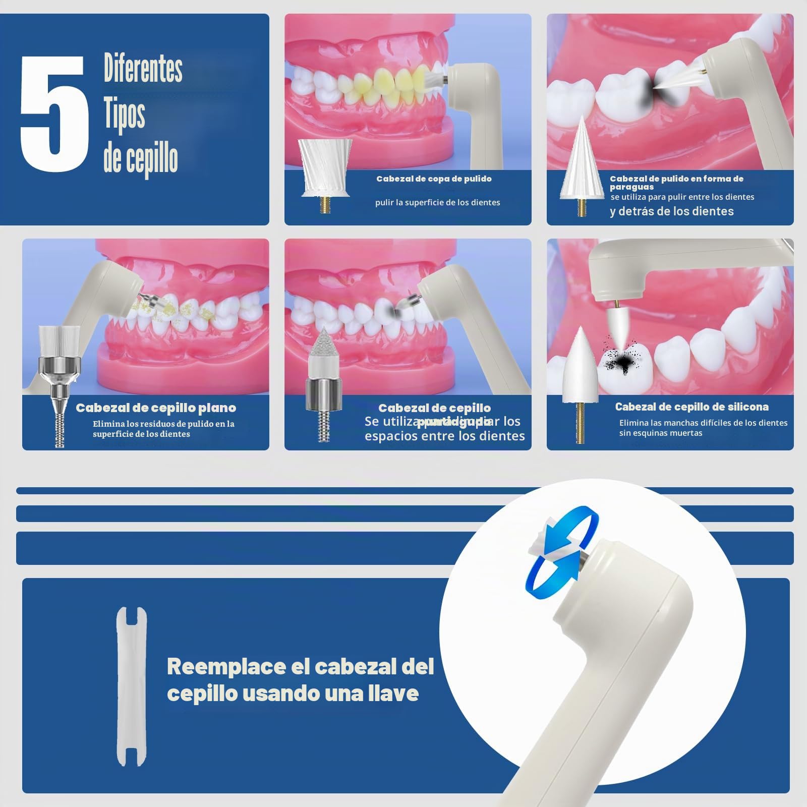 Pulidor eléctrico multifuncional de dientes resistente al agua IPX6, 5 modos de intensidad, luz LED, 5 accesorios, blanqueamiento dental y limpieza profunda