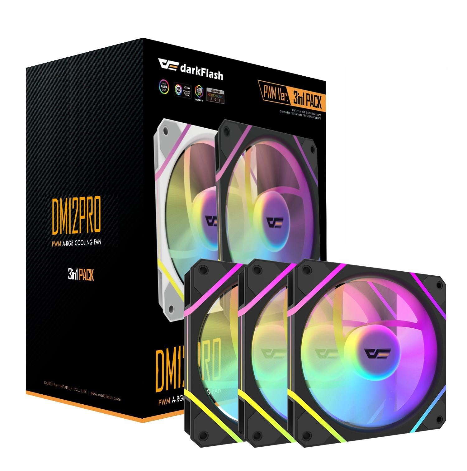 DarkFlash DM12Pro Ventola ARGB PWM 120 mm, Nero, 1800 giri/min, 65 m³/h, 25 dB, 2,5 W, confezione da 3