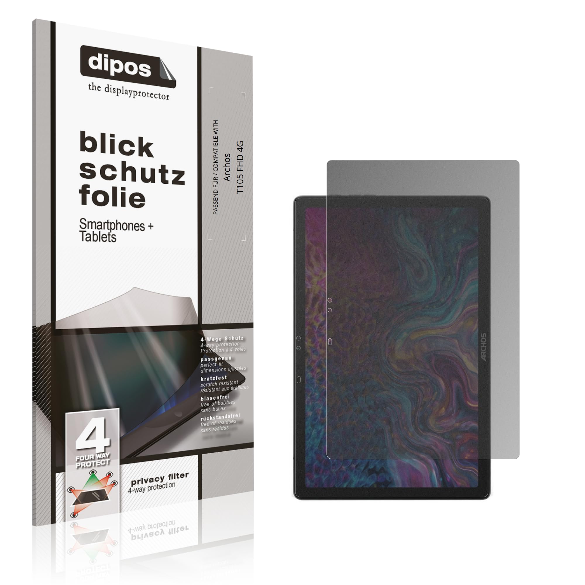 dipos Protector de Pantalla Antiespía para Archos T105 FHD 4G | Película protectora mate, filtro de privacidad 4 vías, ajuste perfecto, antiarañazos, sin burbujas, autoadhesivo