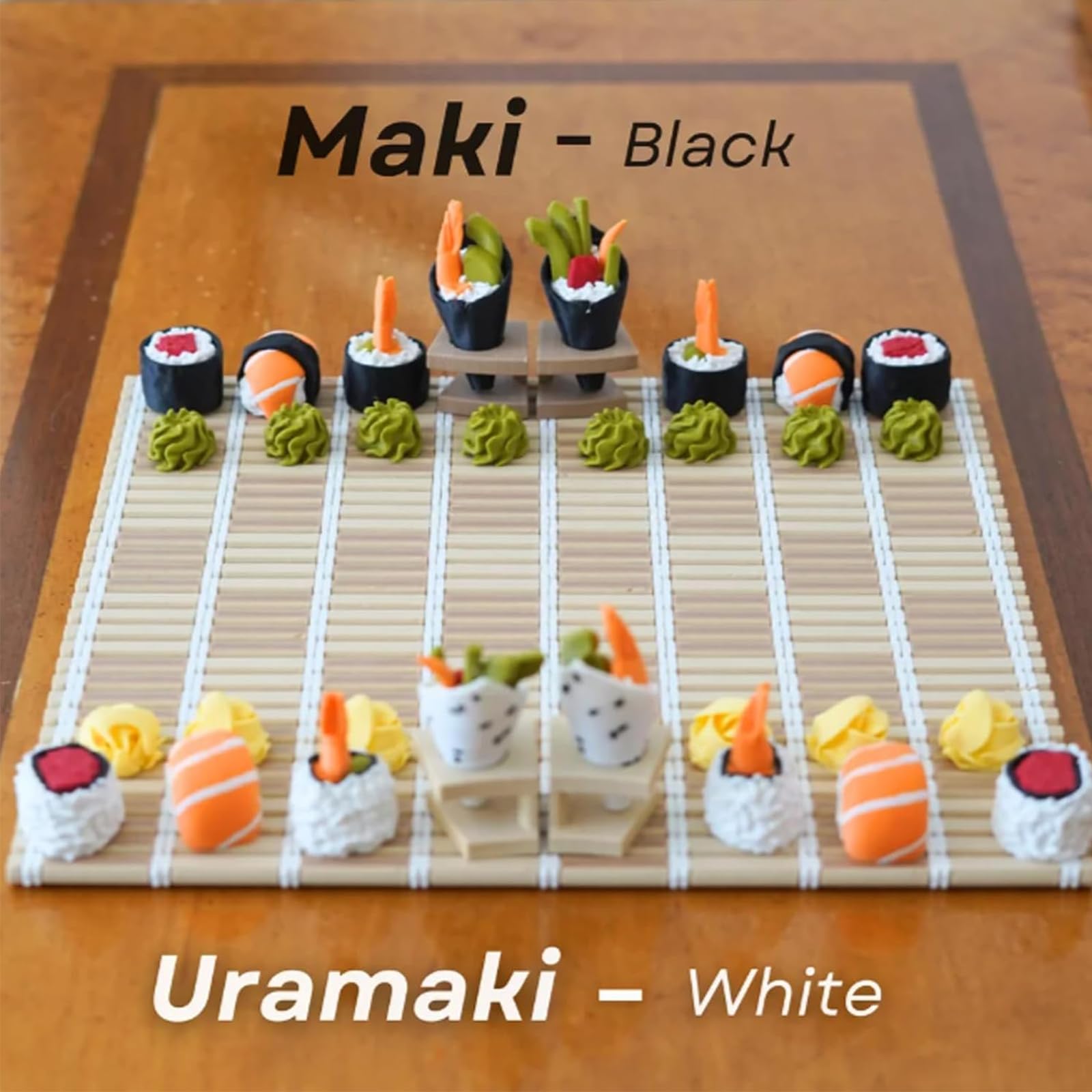 Il set di scacchi a tema sushi, scacchi a rulli sushi stampati in 3D | Esclusivo gioco di strategia per famiglie con cibo giapponese, con tappetino per rotolare e scatola per Bento, in scatola