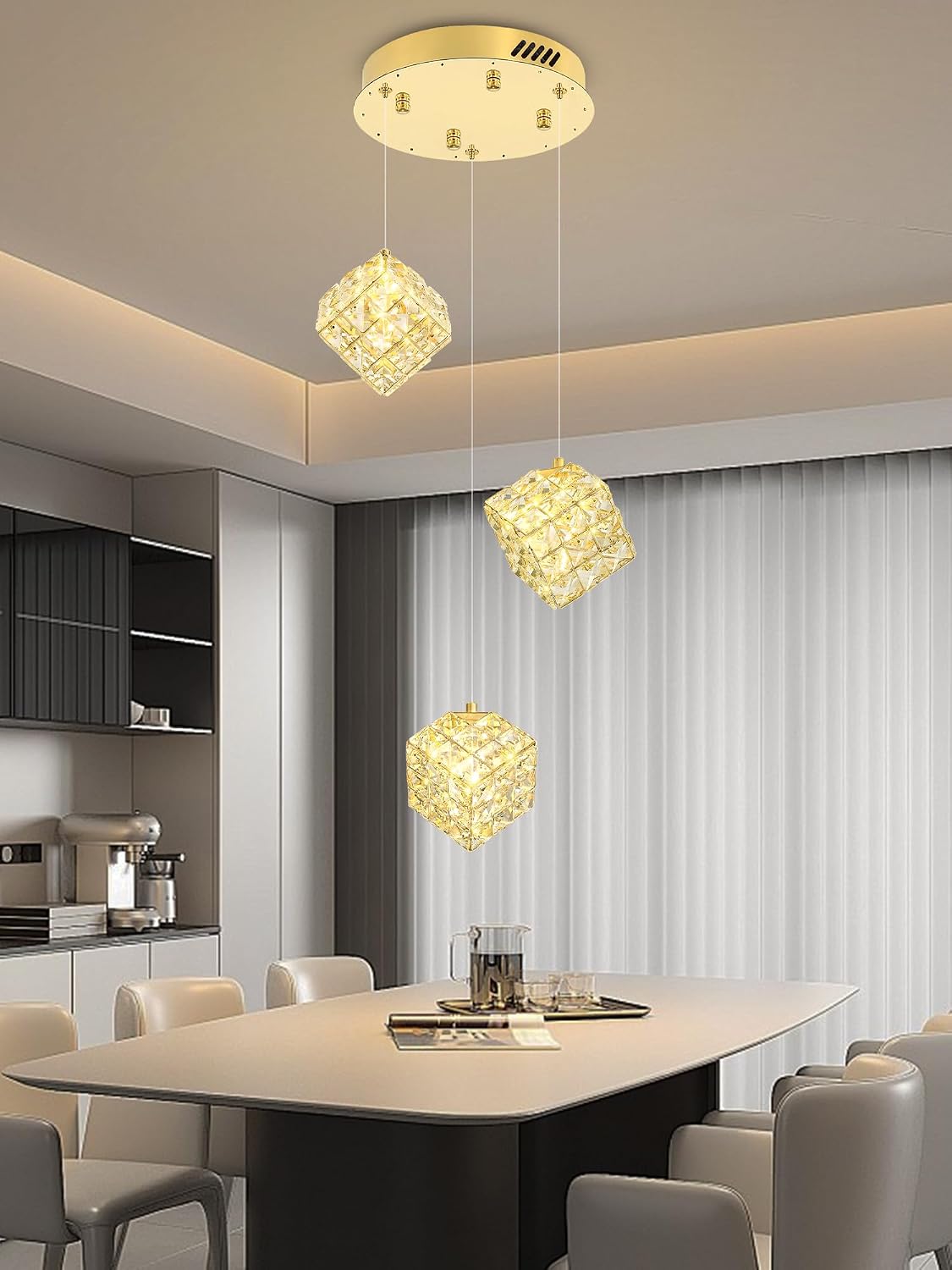 3-Light Pendants Lightfor Kitchen lsland Chandeliers Dining Room Square Entryway Light Fixture Hanging Adjustable Height Gold Crystal Chandeliers for Bedroom Hallway Foyer