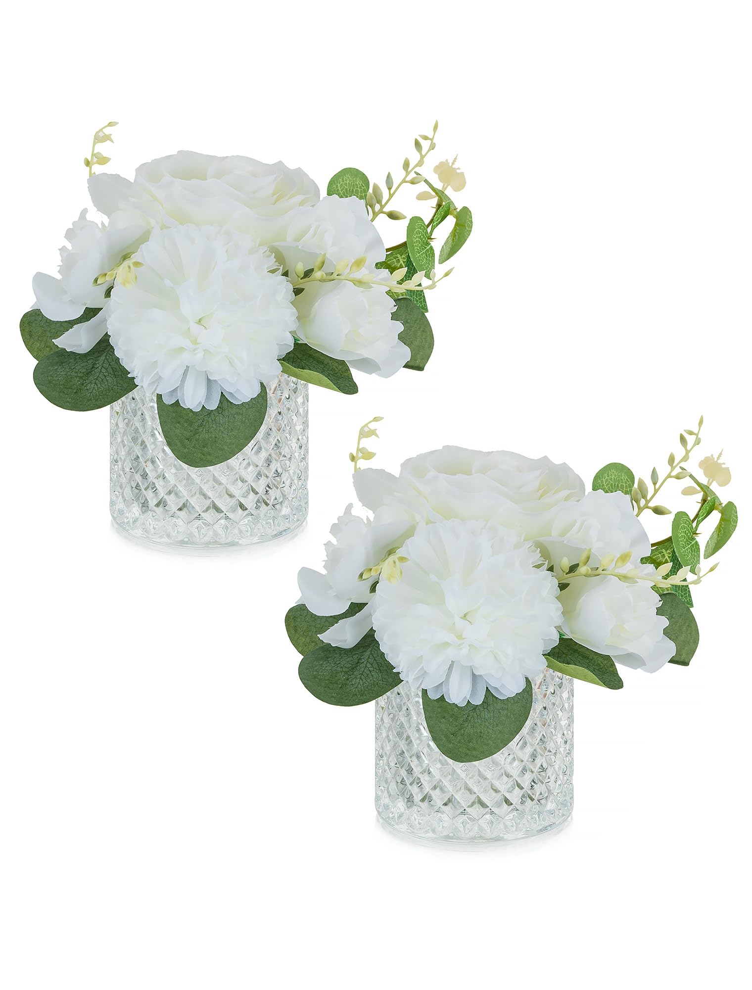 NUPTIO Small Artificial Flowers in Vase: 2 Pcs White Decorative Fake Flowers with Glass Vases for Home Bedroom Window - Silk Faux Rose Arrangements for Wedding Table Decor