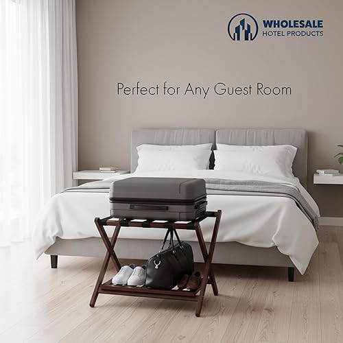 Miniatura 7 de Portaequipajes plegable de madera de goma prémium para habitación de invitados o dormitorio, soporte de maleta de madera totalmente montado, muebles