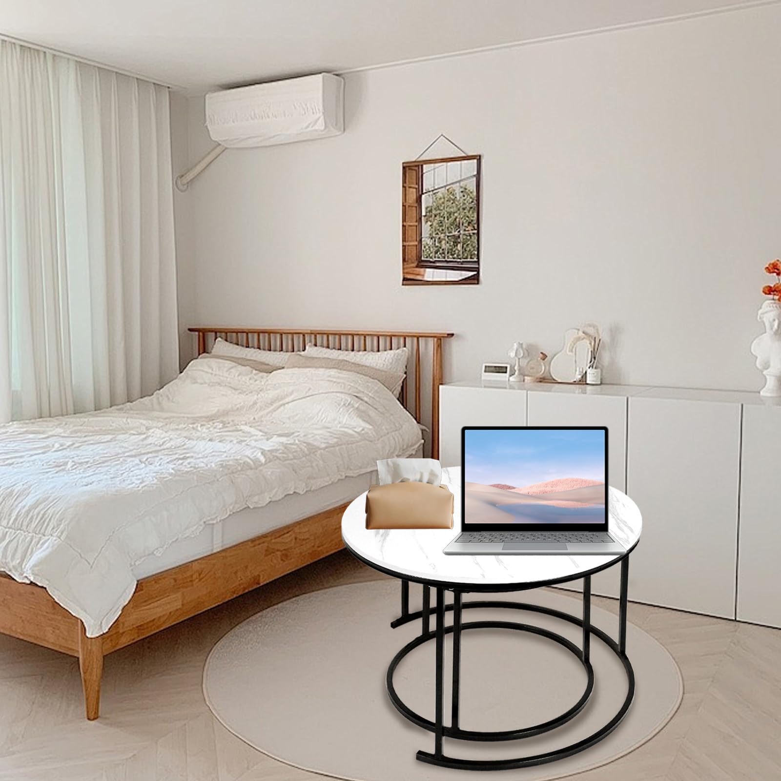 Table Basse Aspect marbre - Table d'appoint pour Salon - Diamètre 40 + 60 cm - Grande Ronde - MDF - pour Salon, Chambre à Coucher, Balcon-B (60 * 60 * 45 et 40 * 40 * 38) Marbre Blanc