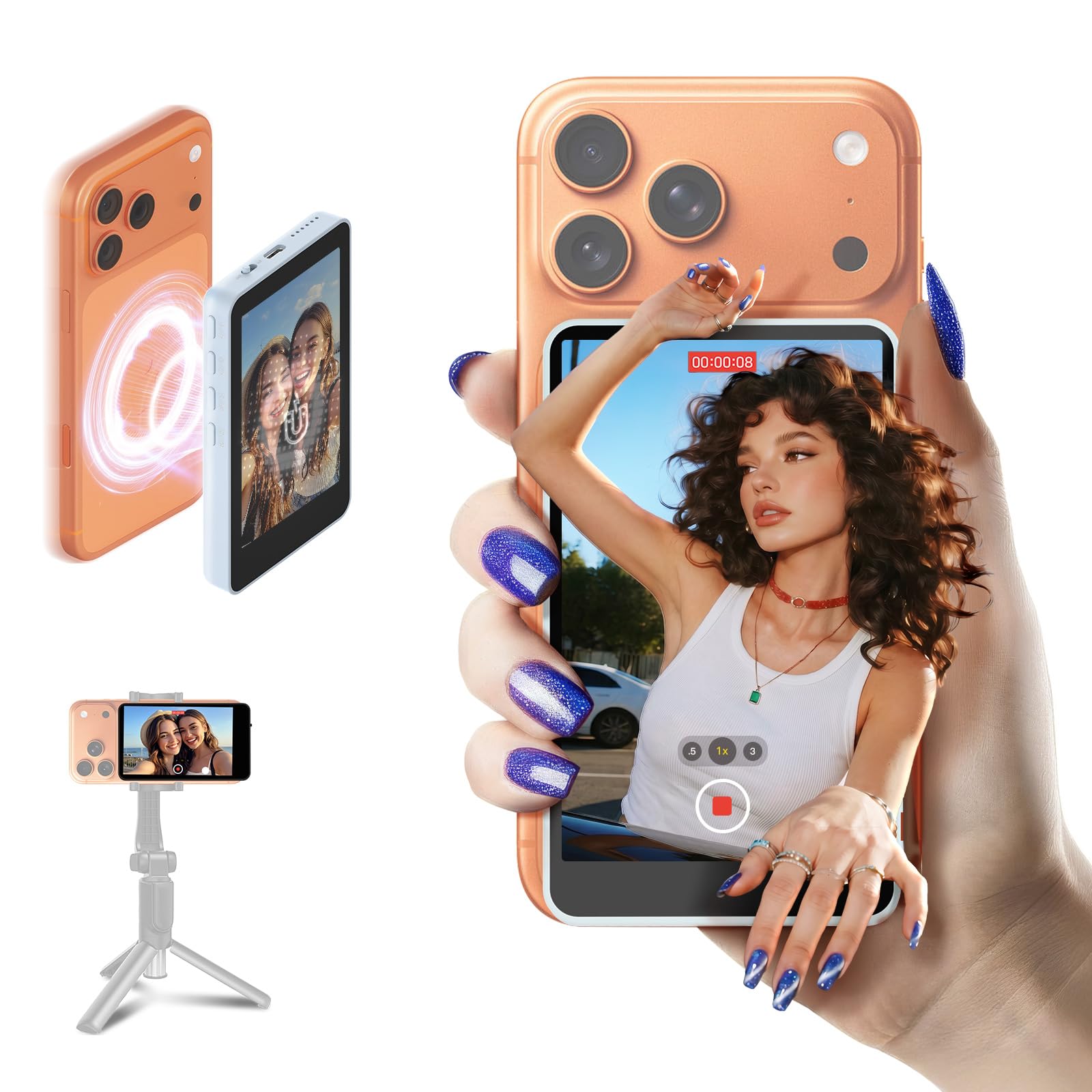 SYNCO XView Monitor para Teléfono iPhone7-17, Pantalla Magnética para Selfie Vlog Inalámbrico 50M Batería 3H, Altavoz Integrado para TikTok Youtube (Azul)
