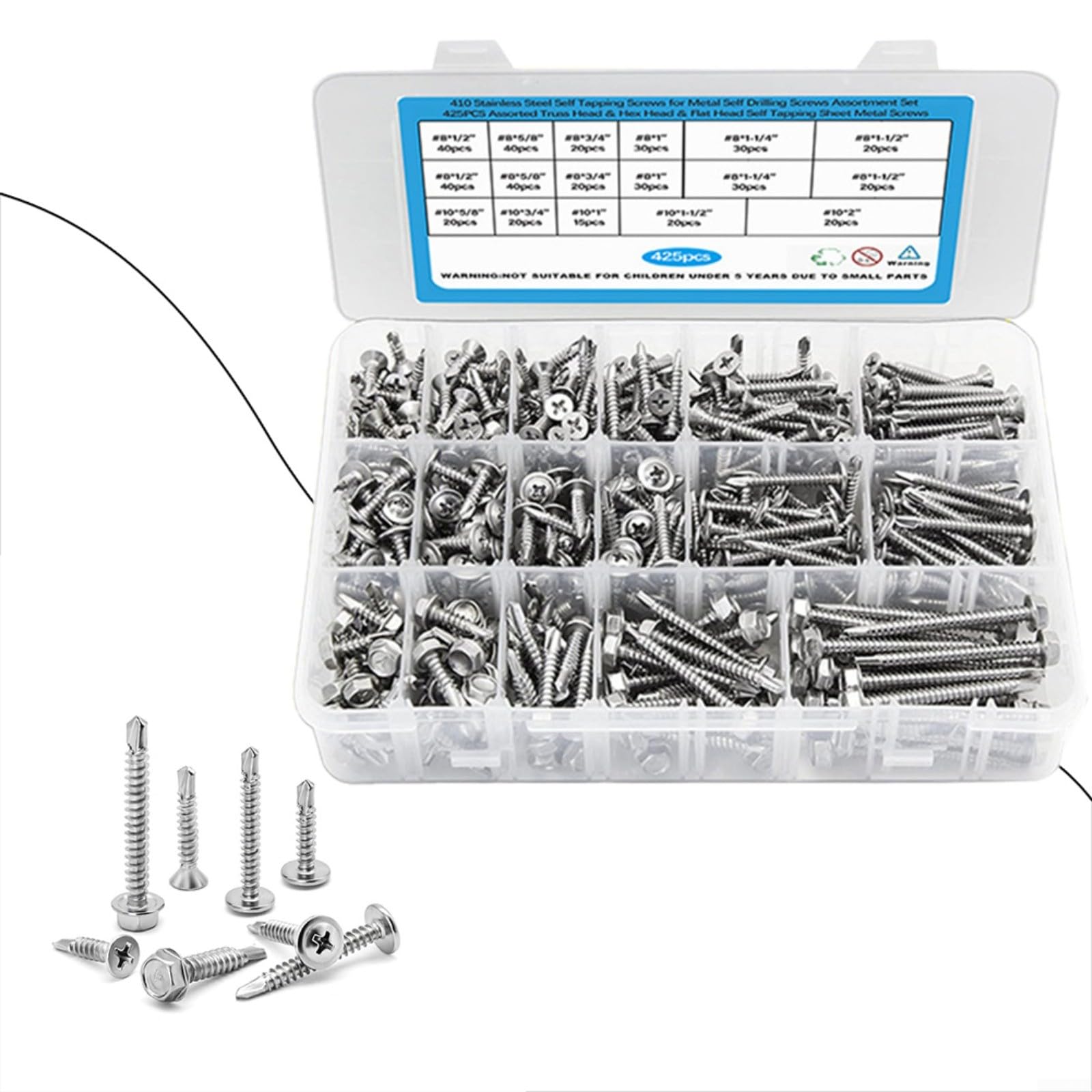 425 pezzi Set di viti autoperforanti in acciaio inox 410, testa esagonale e svasata per metallo, legno, plastica, argento