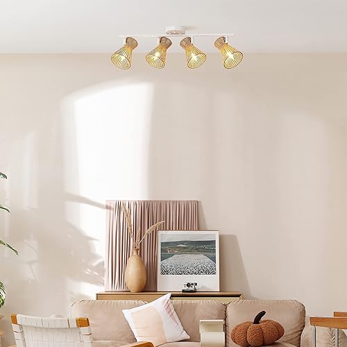 Miniatura 3 de Globe Electric 64000050 - Lámpara de riel de 28" con 4 luces, color blanco mate, pantallas de cuerda natural, luz de techo, pantalla pivotante,