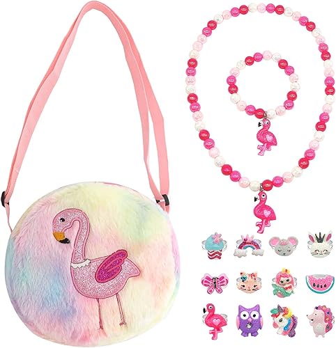 Elesa Miracle Bolso de peluche para niña, collar para niños, juego de juguete, joyería cruzada para niños pequeños, bebés, niñas, flamenco, Algodón