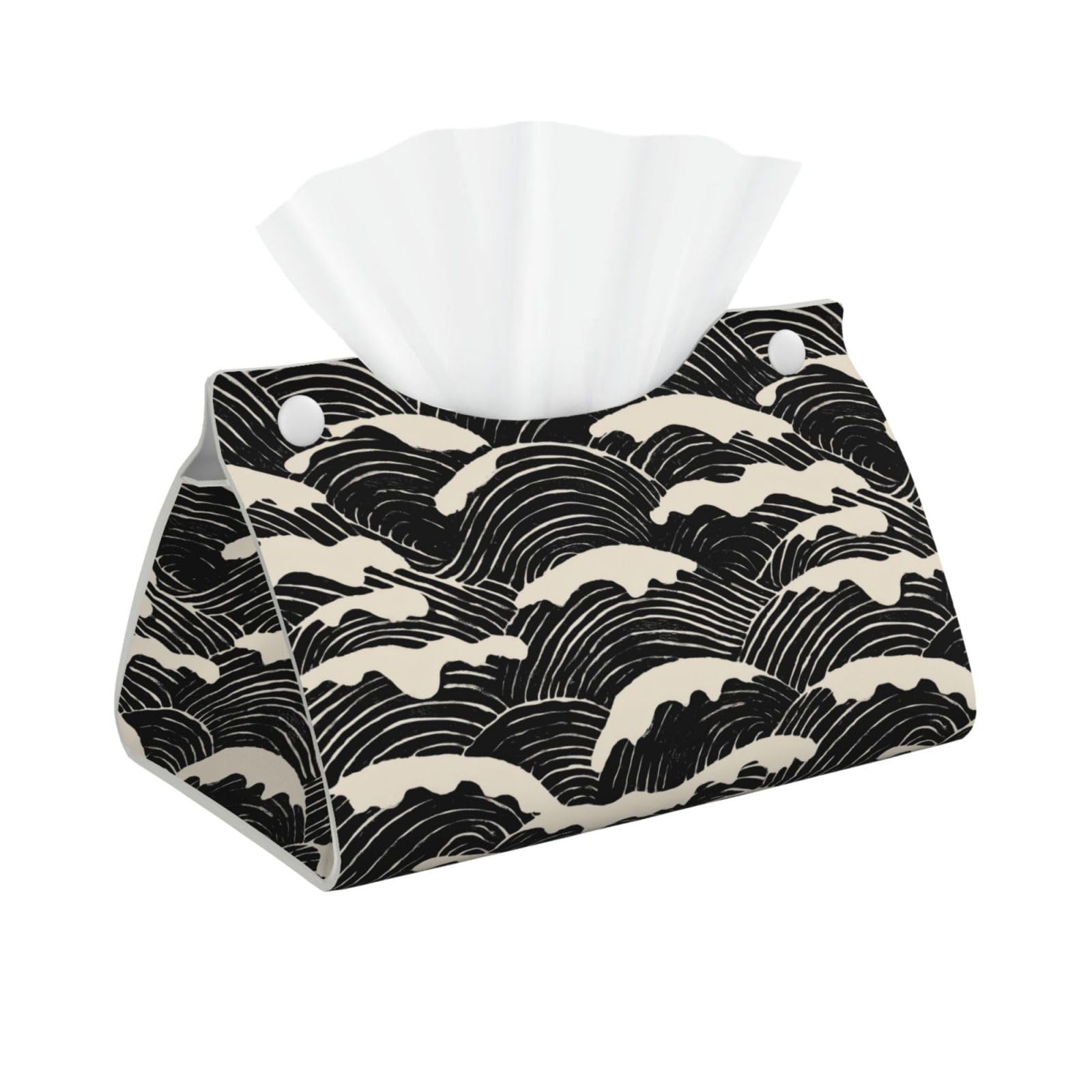 Sea Waves Black White Japanese Linocut Tissue Box Cover Rectangle Pu Leather Tissue Box Holder for Car Bathroom Bedroom Desk Tabletop Decor
