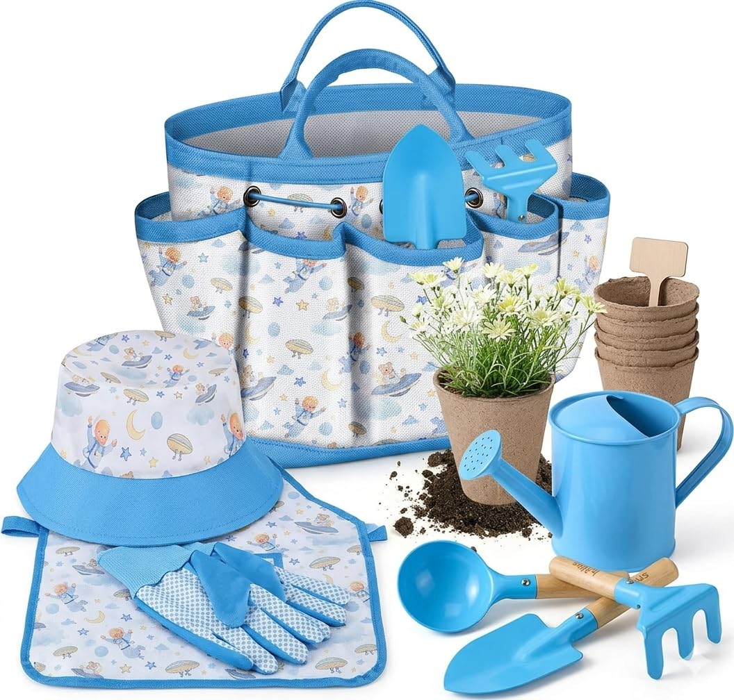 Kids Gardening Tool Set 18PCS Children's Garden Tool Kit Outdoor Garden Toys for Kids with Shovel Shovel Rake Trowel Sprayer etc,Outdoor Tools Fun Toys Gift Sets for Boys, Girls (Blue) — image 1