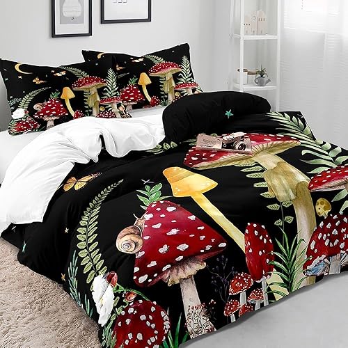 Miniatura 3 de VIVIHOME - Juego de ropa de cama de 3 piezas de hongos trippy, funda de edredón tamaño Queen, ropa de cama negra, luna estrella, mariposa, flor,