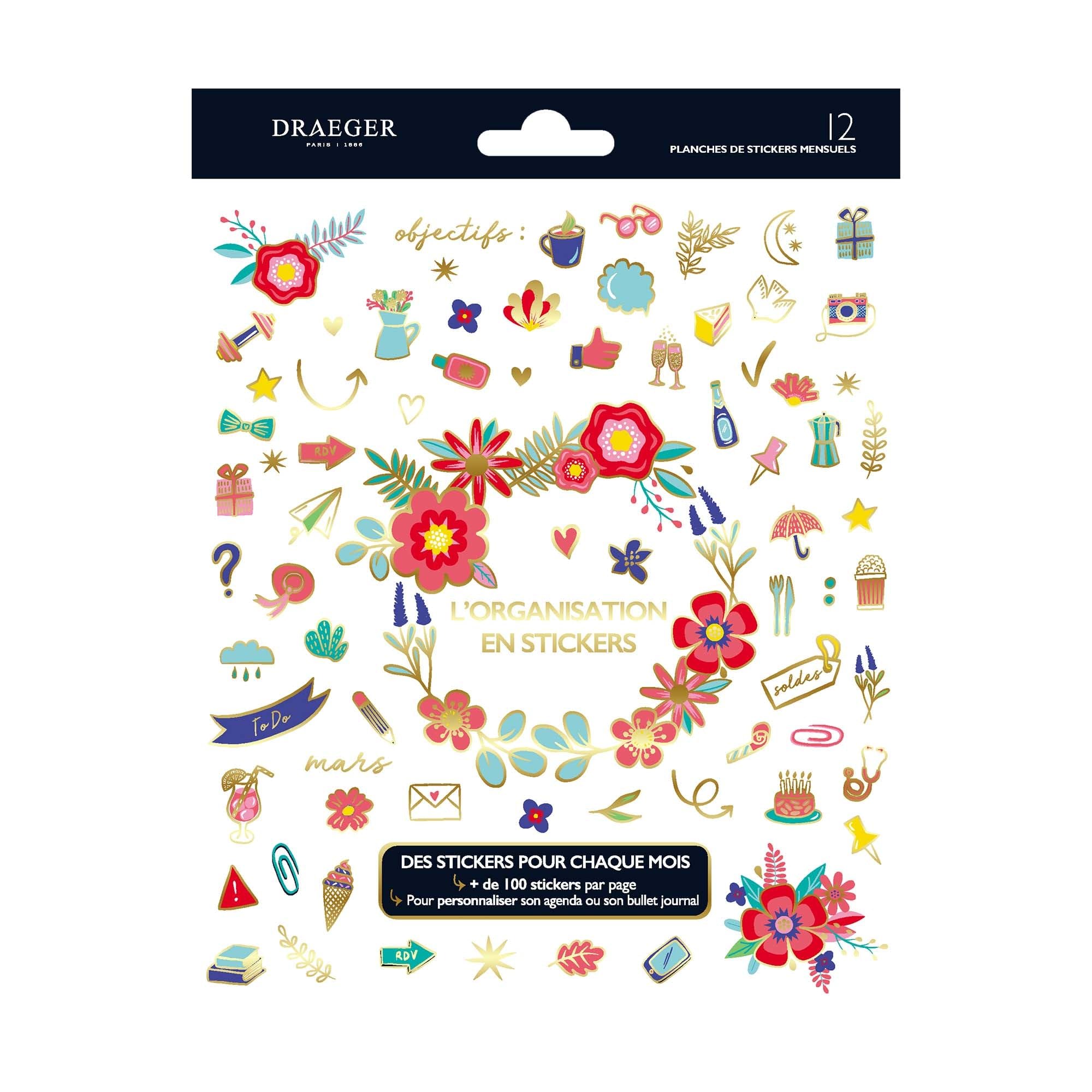 Draeger Paris – Organisation Sticker Book – 12 Sheets 15.5 x 20 cm – 100 Stickers and Trackers – FSC® Certified Paper – Vegetable Inks
