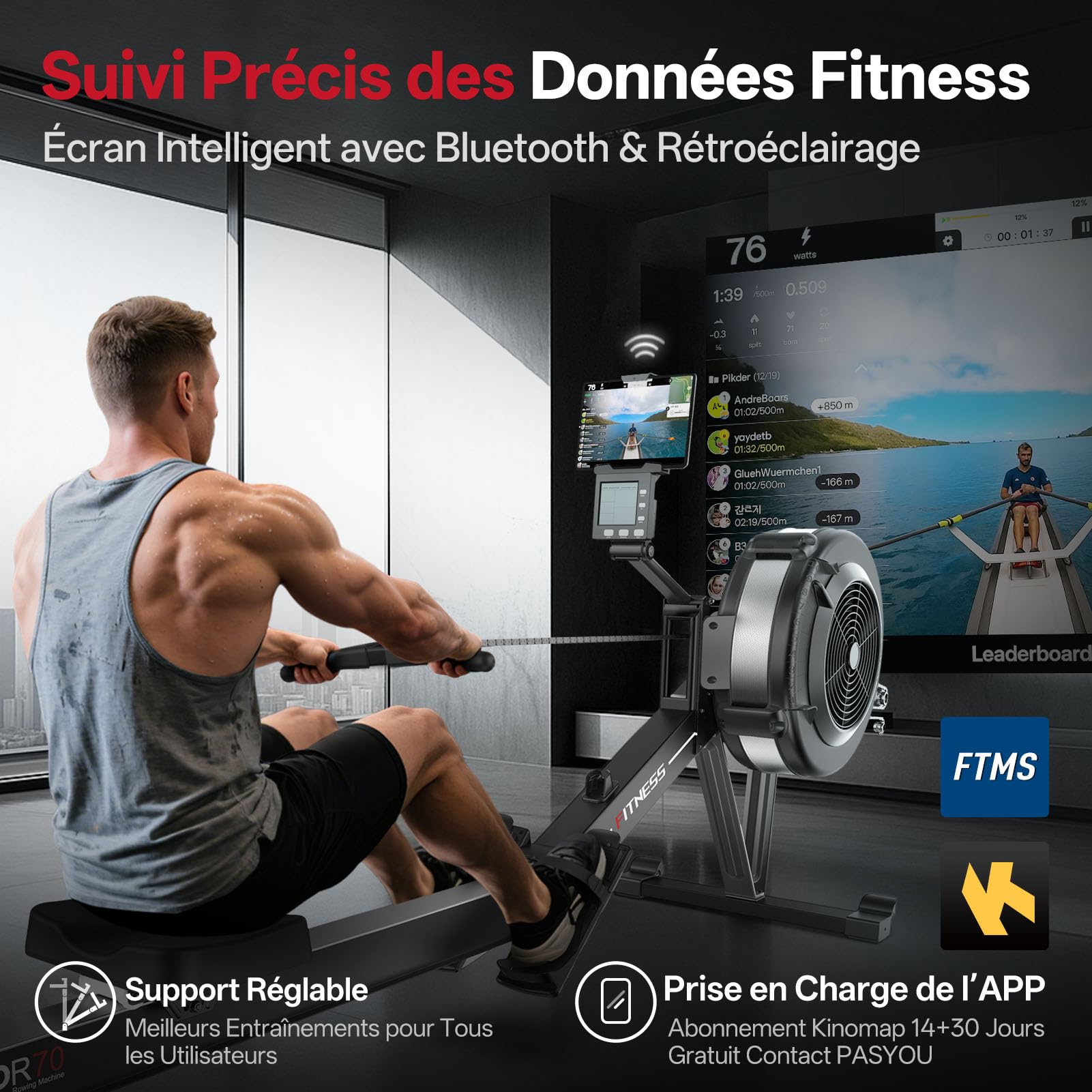 PASYOU Rameur d'appartement à Résistance Aérienne pour La Maison avec Kinomap APP, Rameur Professionnel Musculation pour Intérieur avec Écran Intelligent, Capacité de Poids 150 KG, Stockage Facile