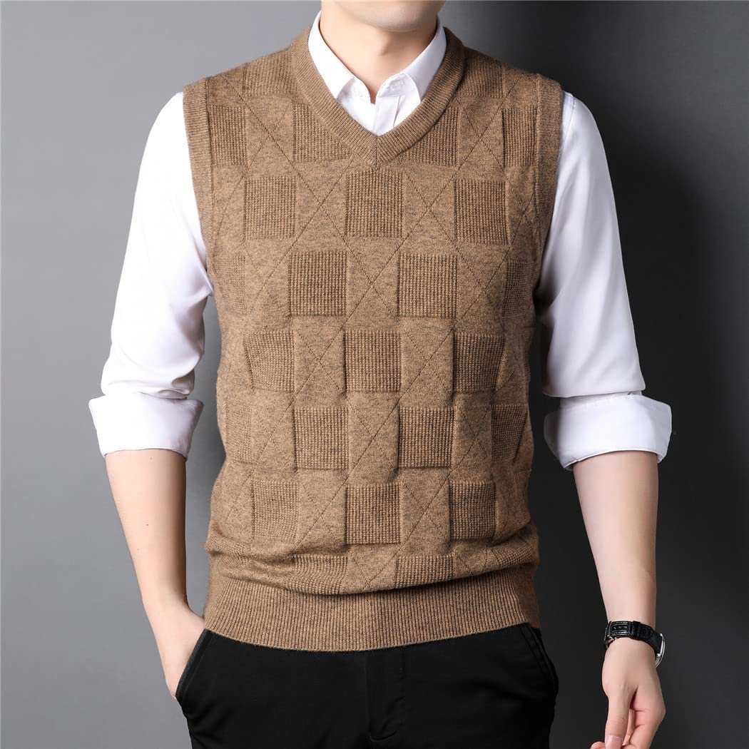 Chaleco de punto de cuello en V caqui de los hombres de otoño de negocios casual estilo clásico grueso sin mangas suéter chaleco, gris, M