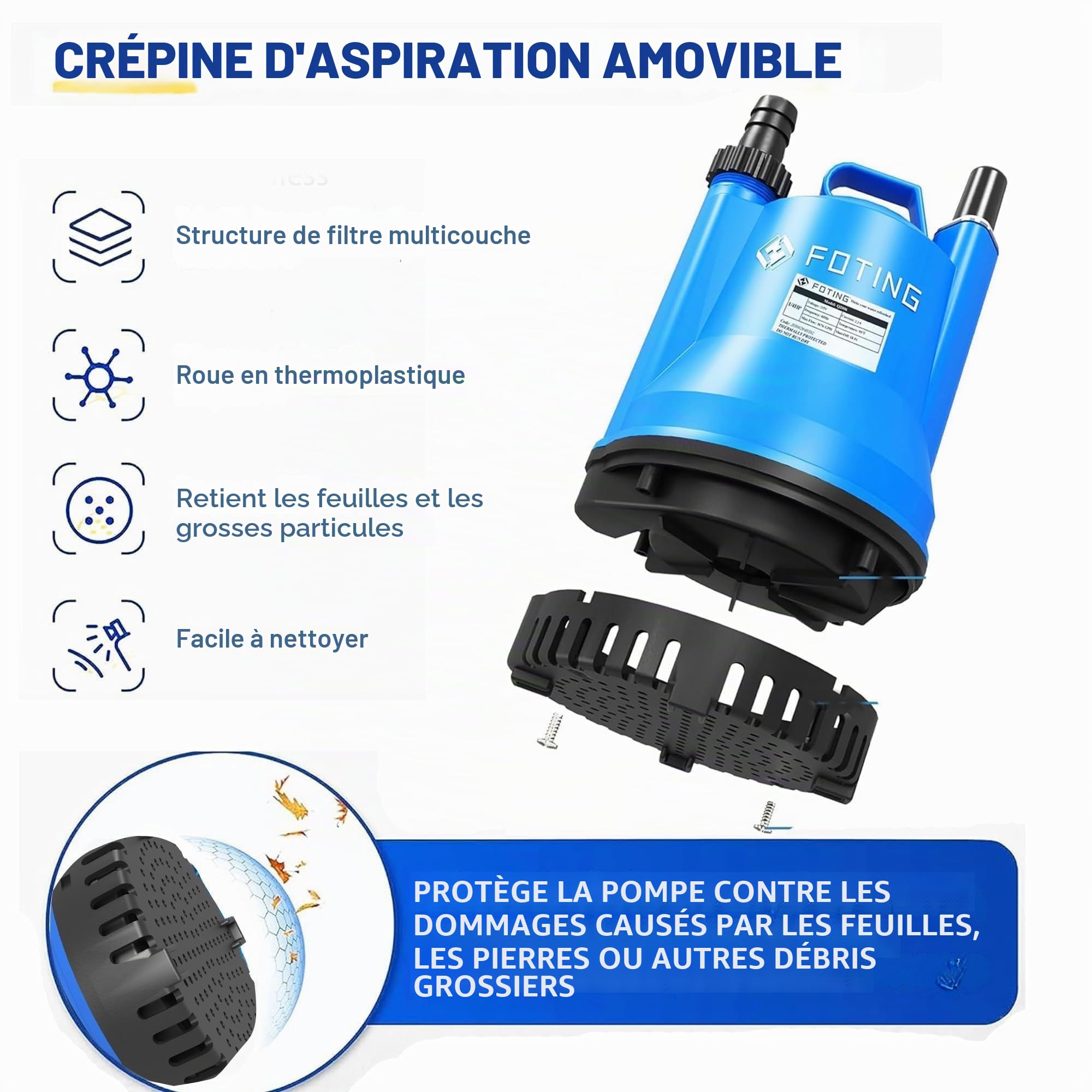 FOTING Pompe d’évacuation, Moteur 200W, Débit 4 000 L/h, Hauteur de refoulement max : 5 m, Profondeur d’immersion max : 7 m, Taille particules max : 5 mm