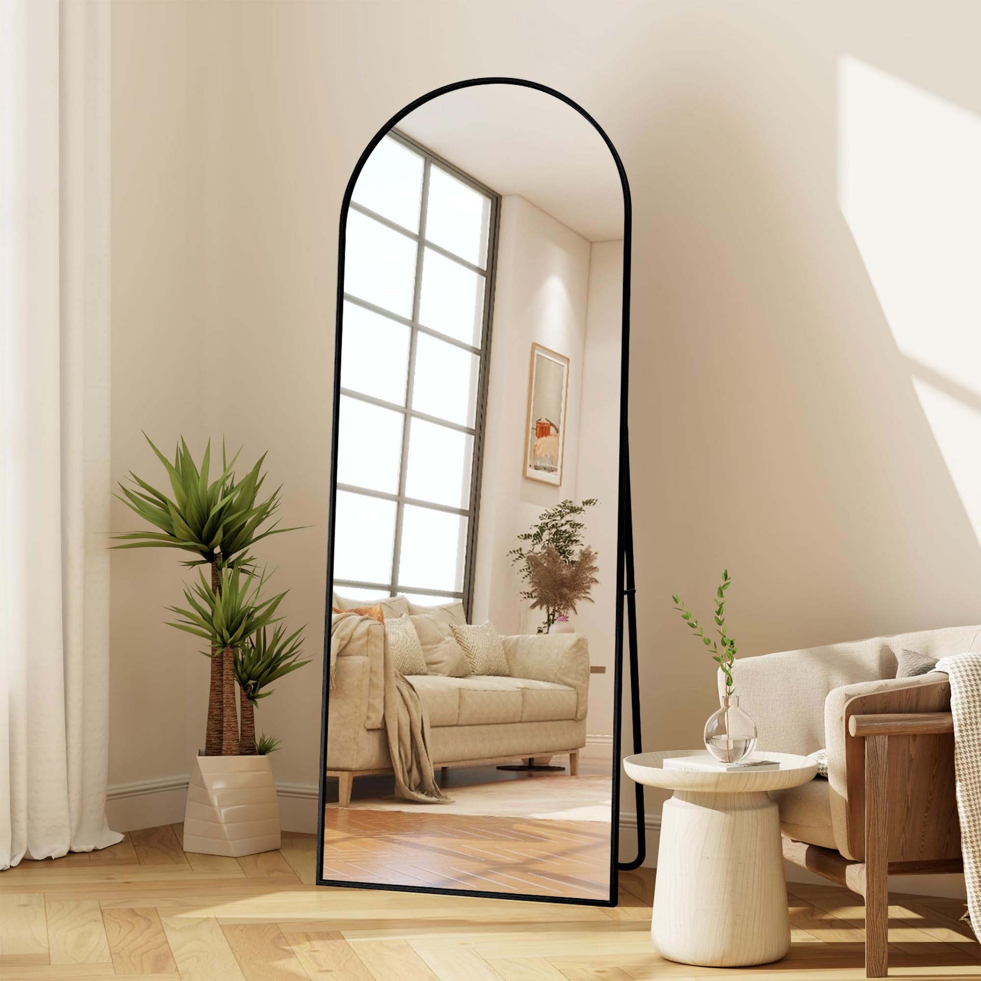 Lustro stojące z metalową ramą 2 w 1, 173 x 63 cm, lustro stojące i ścienne, zakrzywione lustro z ramą do sypialni, salonu (czarne, 173 x 63 cm)