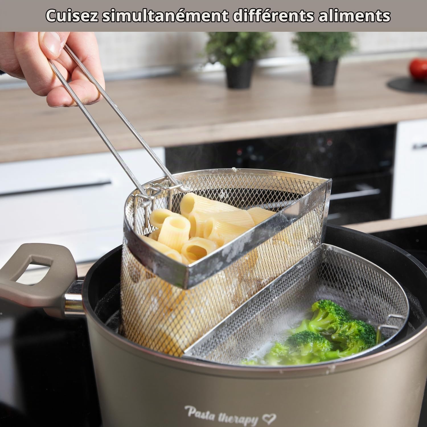 KASANOVA Marmite à Pâtes 22 cm avec 2 Paniers et Couvercle – Cuiseur pour Pâtes et Légumes, Double Panier pour Cuissons Simultanées, Compatible Induction et Tous Feux (Taupe)