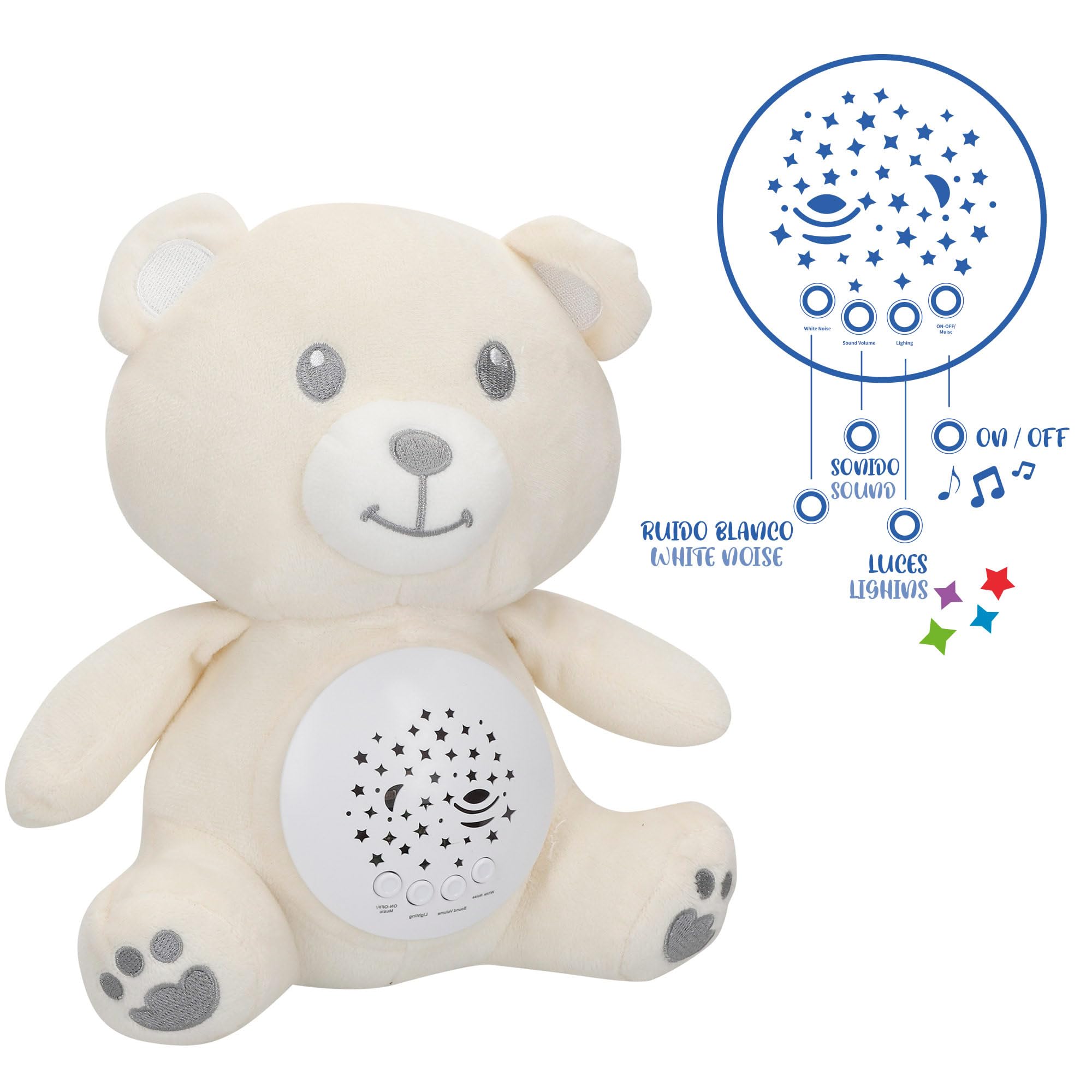 COLORBABY Genial Baby Proyector Estrellas, Osito, 25 cm, Luz Nocturna y Temporizador, Peluche quitamiedos Infantil, con Sonidos y Ruido Blanco bebé, Regalo recién Nacido, Regalos para bebés (34034)