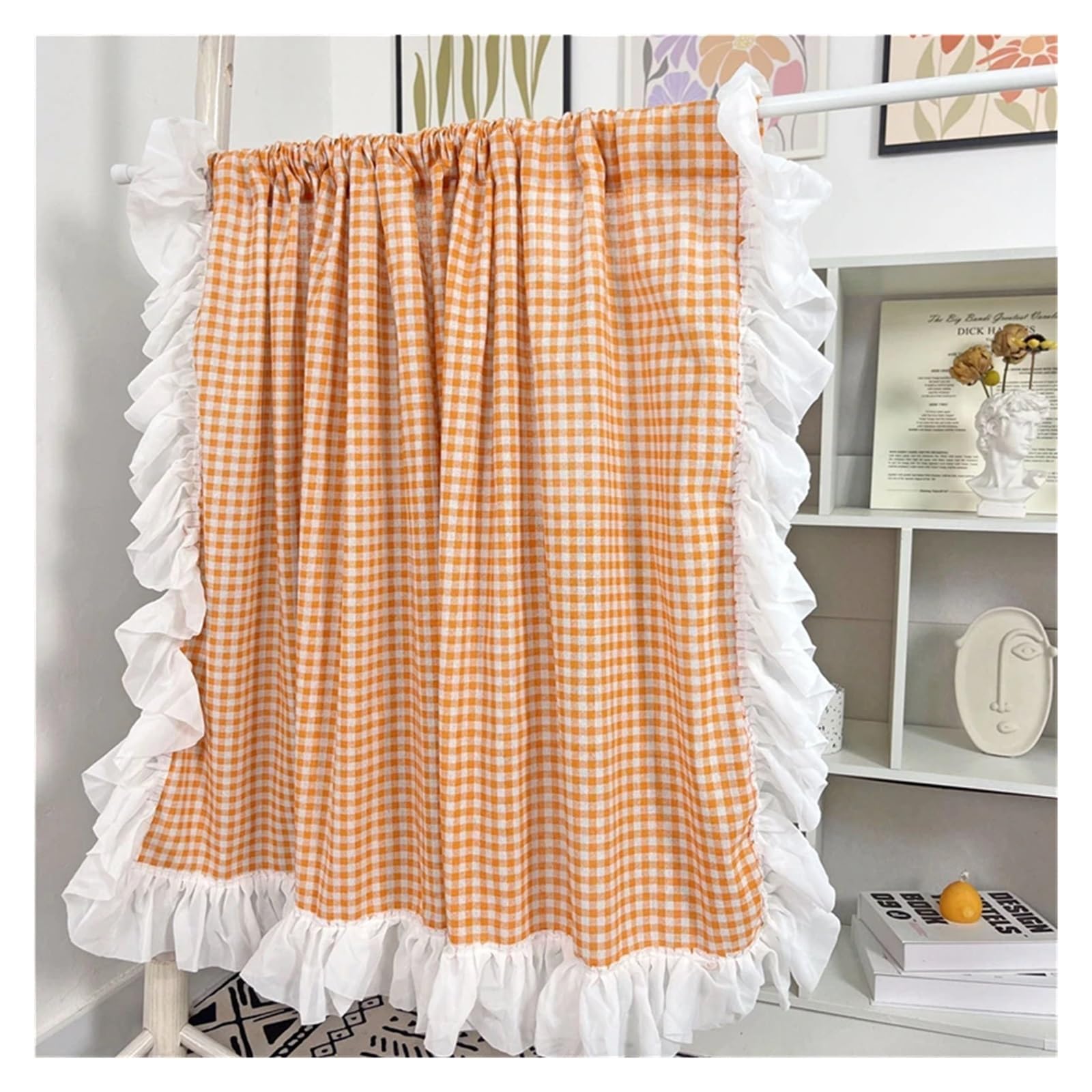 DFGRGRV Ruffle Curtains Sweet Lace Pink Plaid Short Curtains Rural Blue/Orange/Green Lattice Ruffles Half Cloth for Kitchen(Orange,W140 X H100 CM)