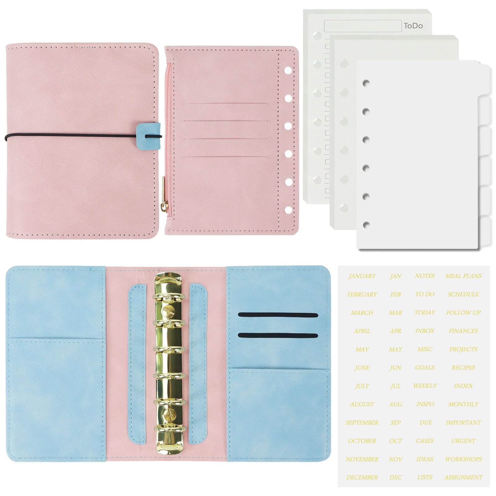 Koqye A7 Leather Binder 6-Ring with Zipper Pocket, Include Dividers & Refills Stickers, Pink Refillable Planner Cover with Pockets (Pink & Blue)