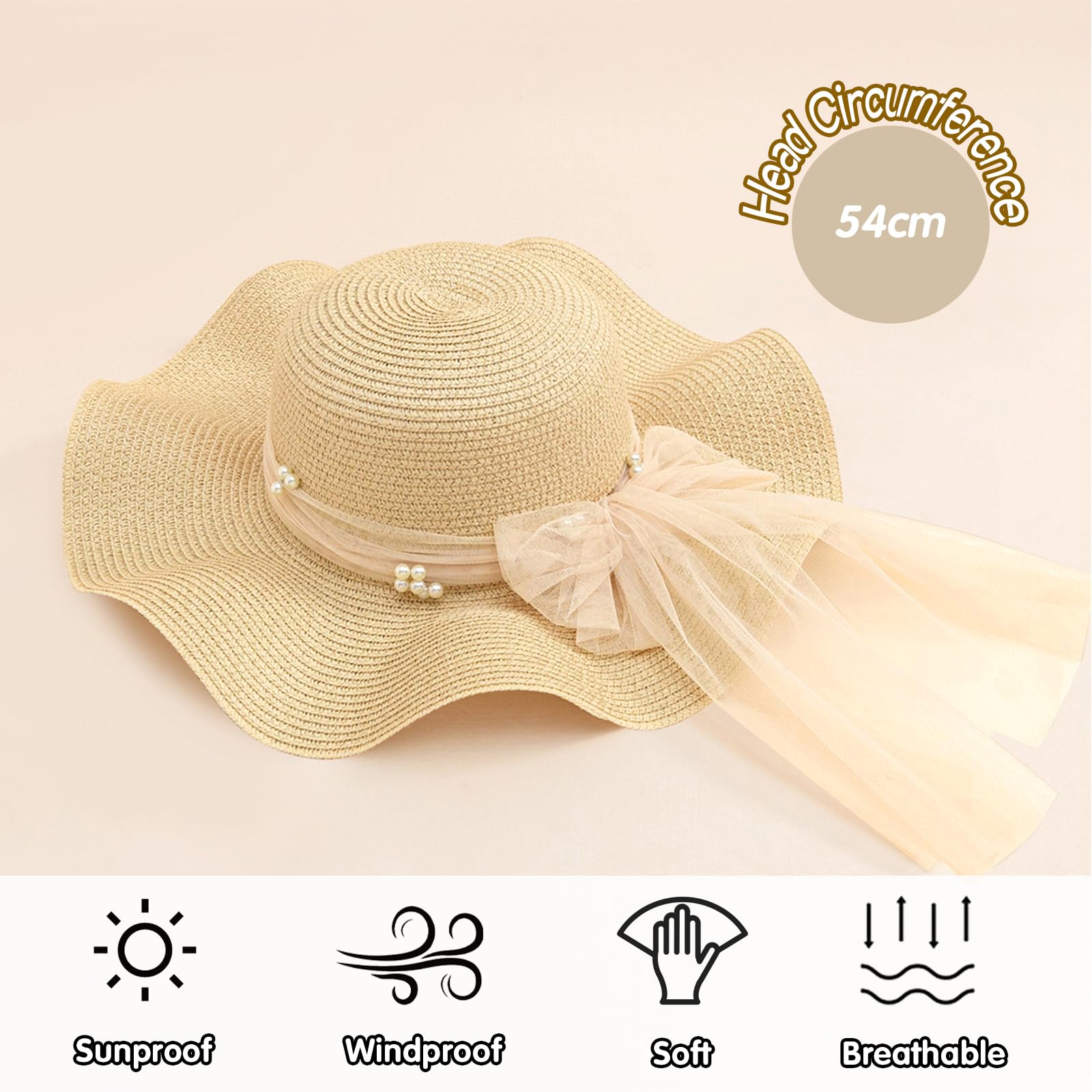 Kunyeah Enfants Fille été Chapeau de Paille Pliable Large Bord Casquette Pare-Soleil Chapeaux Protection Solaire Plage Chapeaux de Paille Bowknot Disquette Casquette pour Voyage Vacances