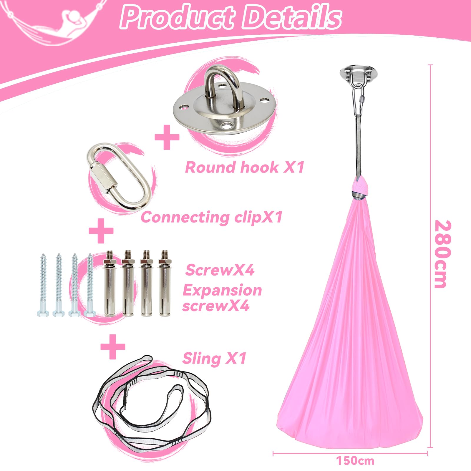 Yoga Set, Yoga-Zubehör, 200 Kg Max Belastung, Kompletter Installationshardware (Rosa, 150x280CM)