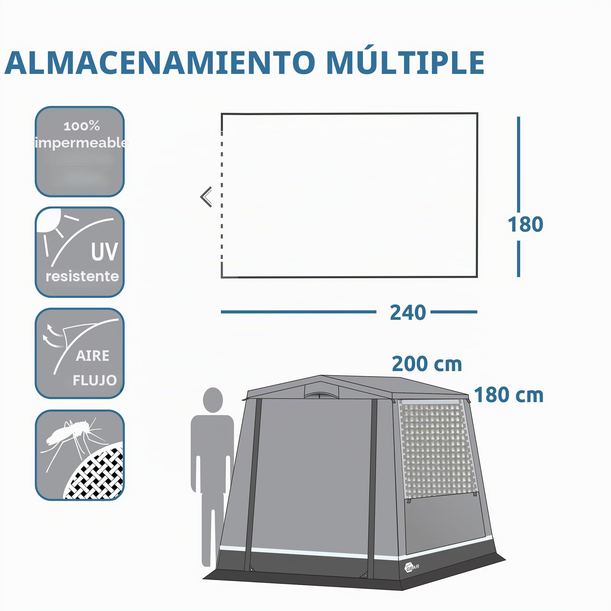 your GEAR Trent Multi Storage - Tienda de campaña para cocina, 240 x 180 x 200 cm, 2 ventanas, UV 50+, 100% impermeable, apta para invierno, techo y paredes de PVC