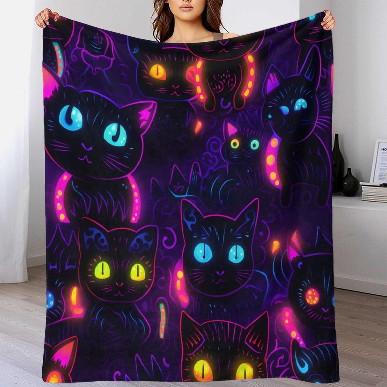 Gattino neon Coperta in Flanella 3D Con Stampa Di Gatto Peluche Coperte Microfibra Caldo Morbida Per Bambini Adulti Coperta Decorata ，per Divano Letto Ufficio 70x80inch(180x200cm)