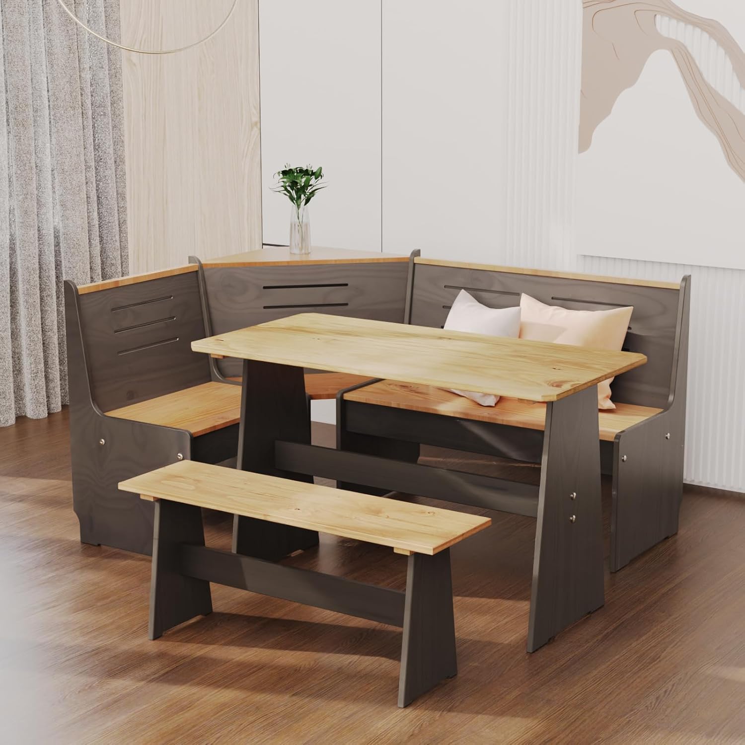 Breakfast Nook Table Set L Shaped Corner Solid Wood Kitchen Dining Table with Black Bench Space Saving Seats 4-6 for Apartment